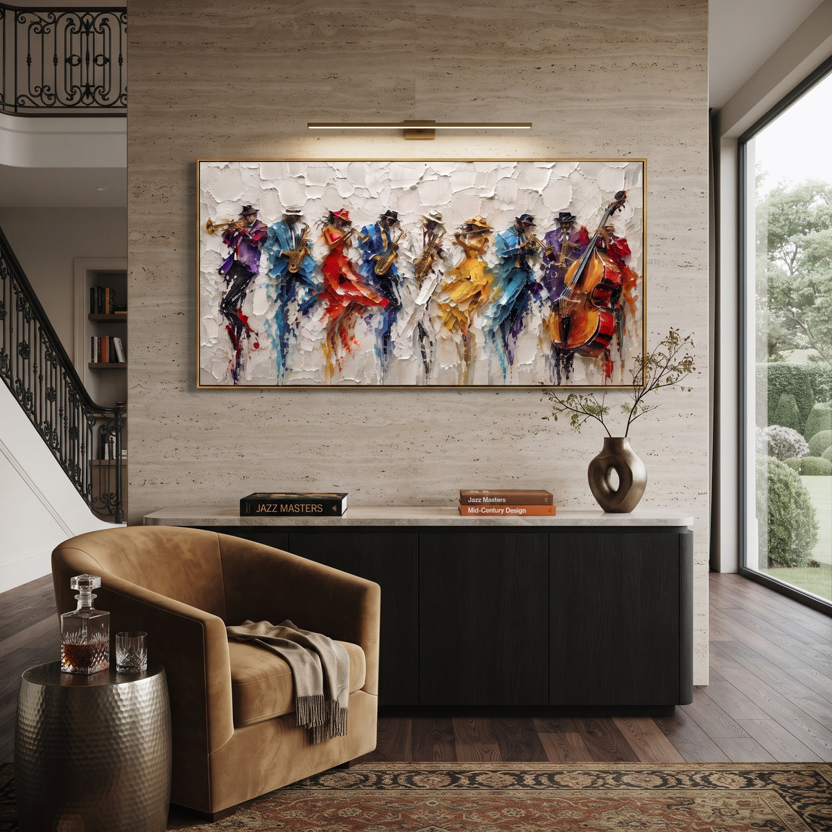 Bursting Saxophone Solo centers on vertical saxophone exploding into multicolor feather-like strokes from a white blue background. The visual structure is specific to this artwork: the main instrument shapes, note marks, performer silhouettes, brush direction, and surrounding color fields are arranged as a single musical composition rather than as a generic decorative pattern. The blue, yellow, orange palette sets the mood, with dark linework, pale negative space, and saturated accents guiding