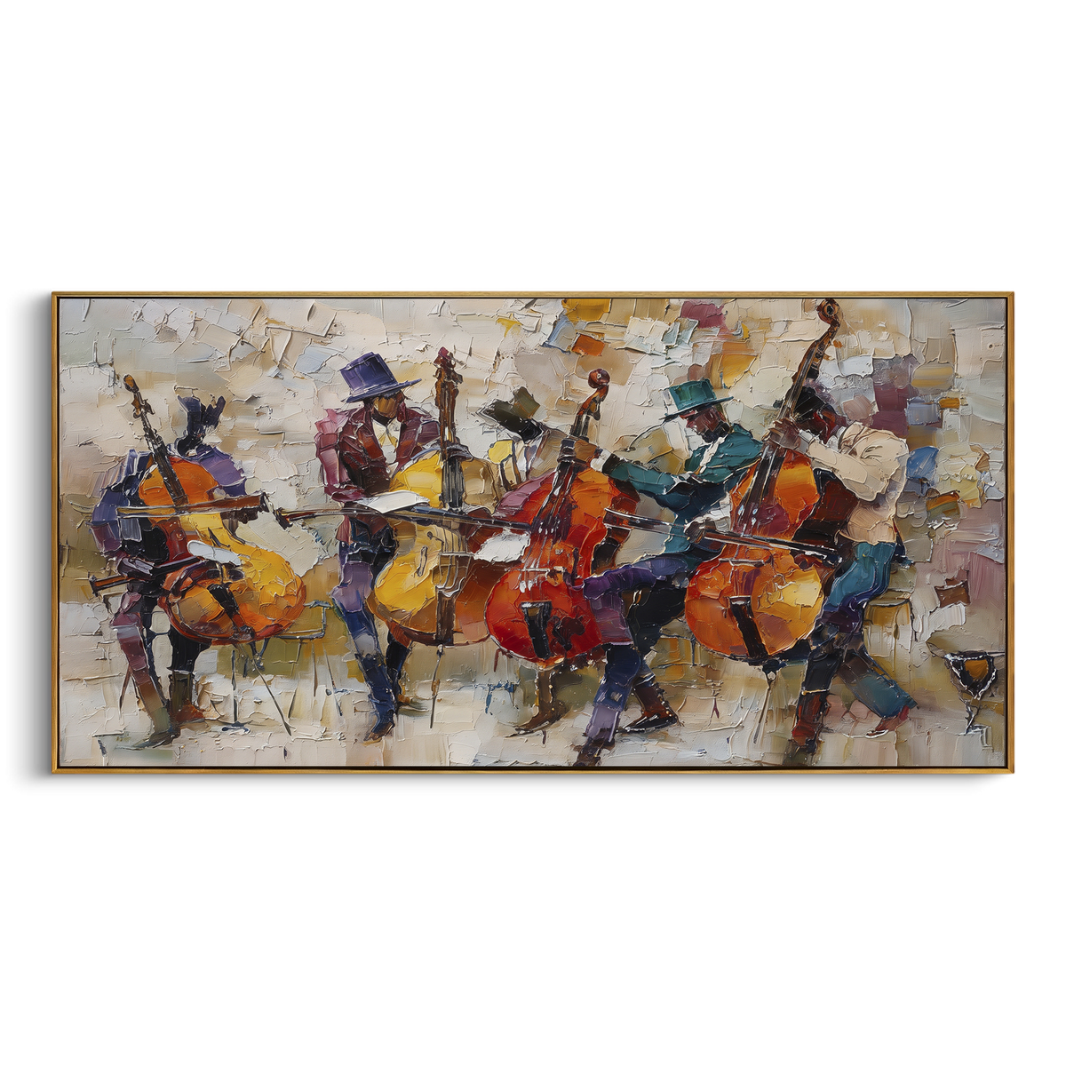 Cello Chamber Group centers on small chamber group of seated cellists with warm orange instruments on muted beige studio ground. The visual structure is specific to this artwork: the main instrument shapes, note marks, performer silhouettes, brush direction, and surrounding color fields are arranged as a single musical composition rather than as a generic decorative pattern. The orange, beige, blue palette sets the mood, with dark linework, pale negative space, and saturated accents guiding the