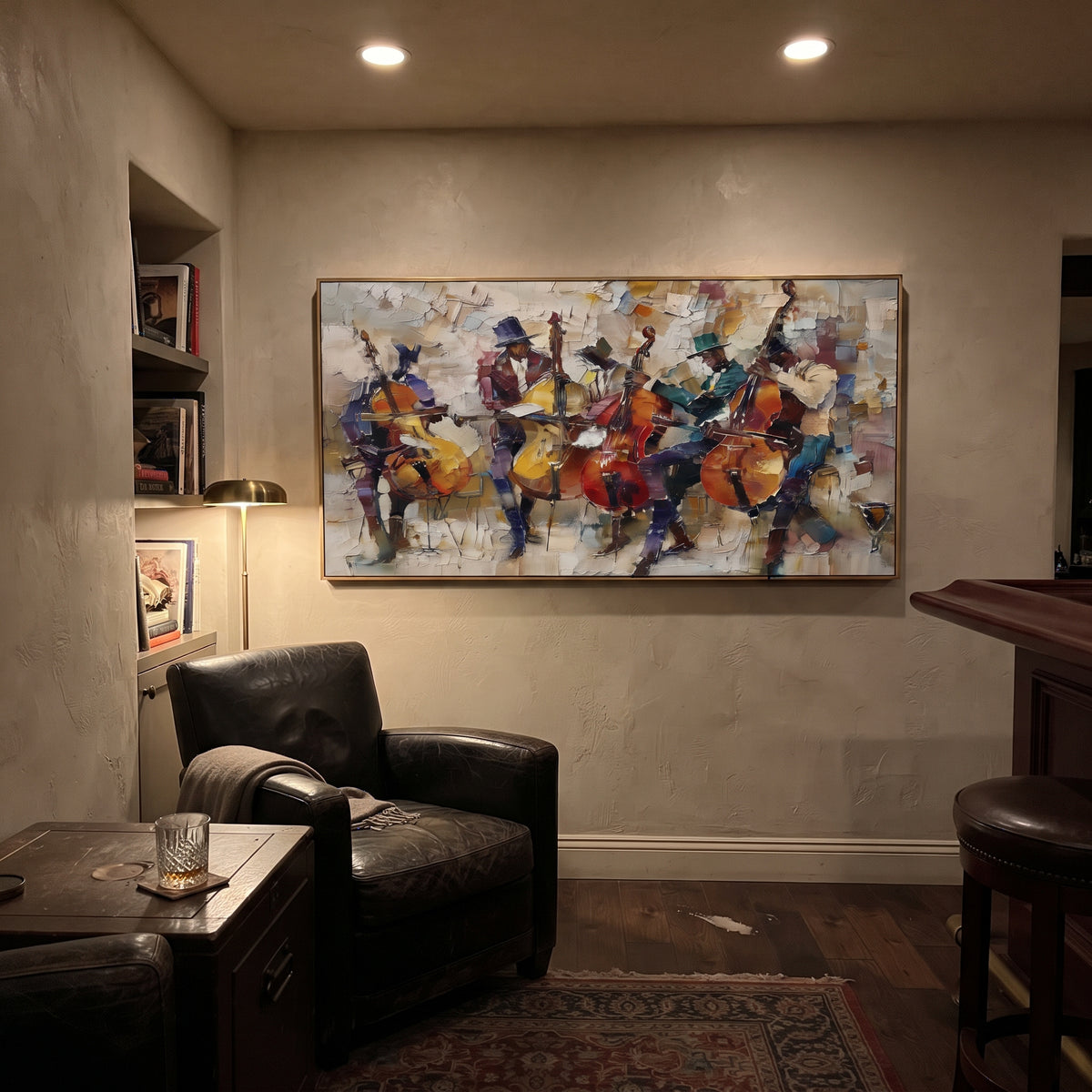 Cello Chamber Group centers on small chamber group of seated cellists with warm orange instruments on muted beige studio ground. The visual structure is specific to this artwork: the main instrument shapes, note marks, performer silhouettes, brush direction, and surrounding color fields are arranged as a single musical composition rather than as a generic decorative pattern. The orange, beige, blue palette sets the mood, with dark linework, pale negative space, and saturated accents guiding the