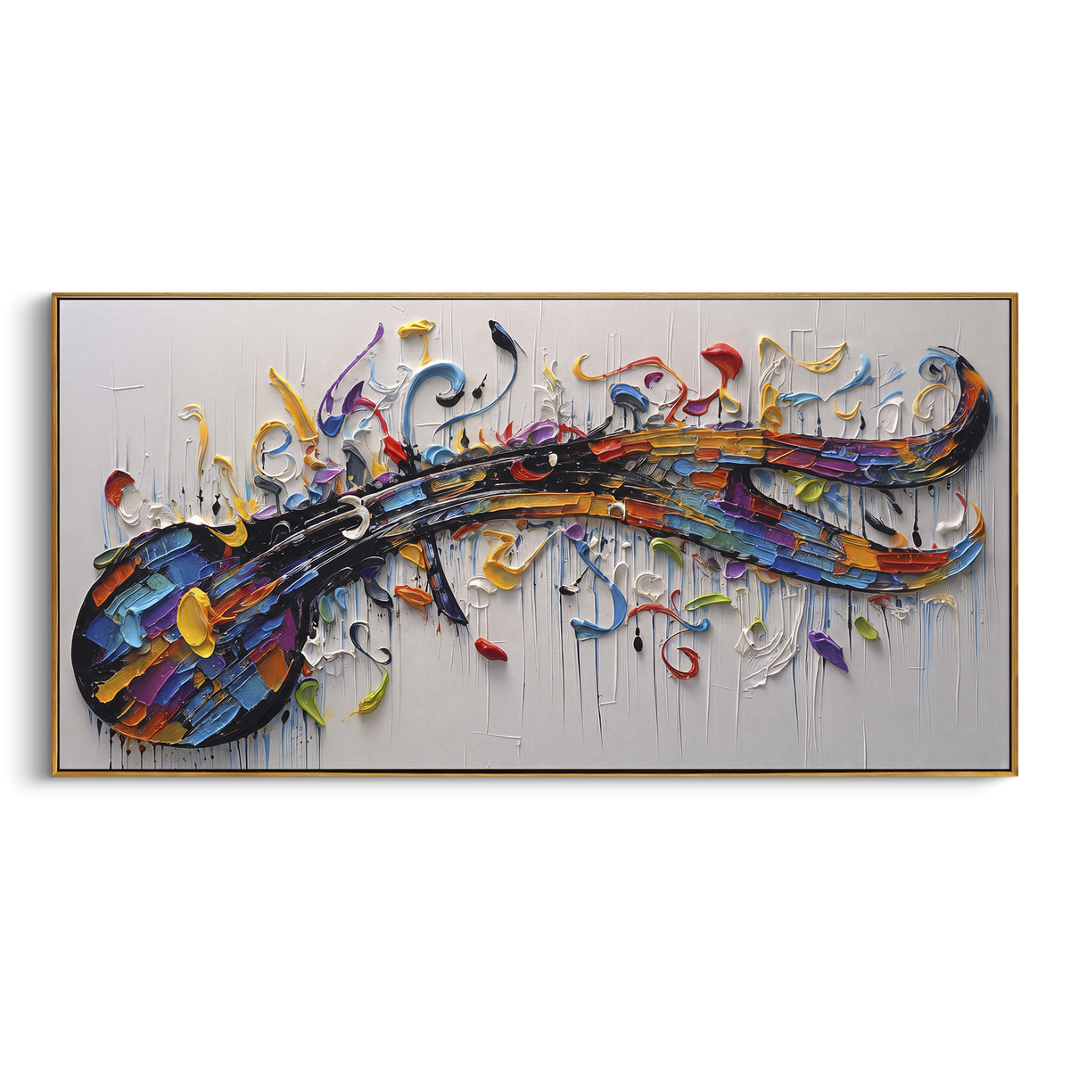 Curved Keyboard Melody centers on curved piano keyboard and colorful raised music notes sweeping across a white textured ground. The visual structure is specific to this artwork: the main instrument shapes, note marks, performer silhouettes, brush direction, and surrounding color fields are arranged as a single musical composition rather than as a generic decorative pattern. The blue, yellow, red palette sets the mood, with dark linework, pale negative space, and saturated accents guiding the