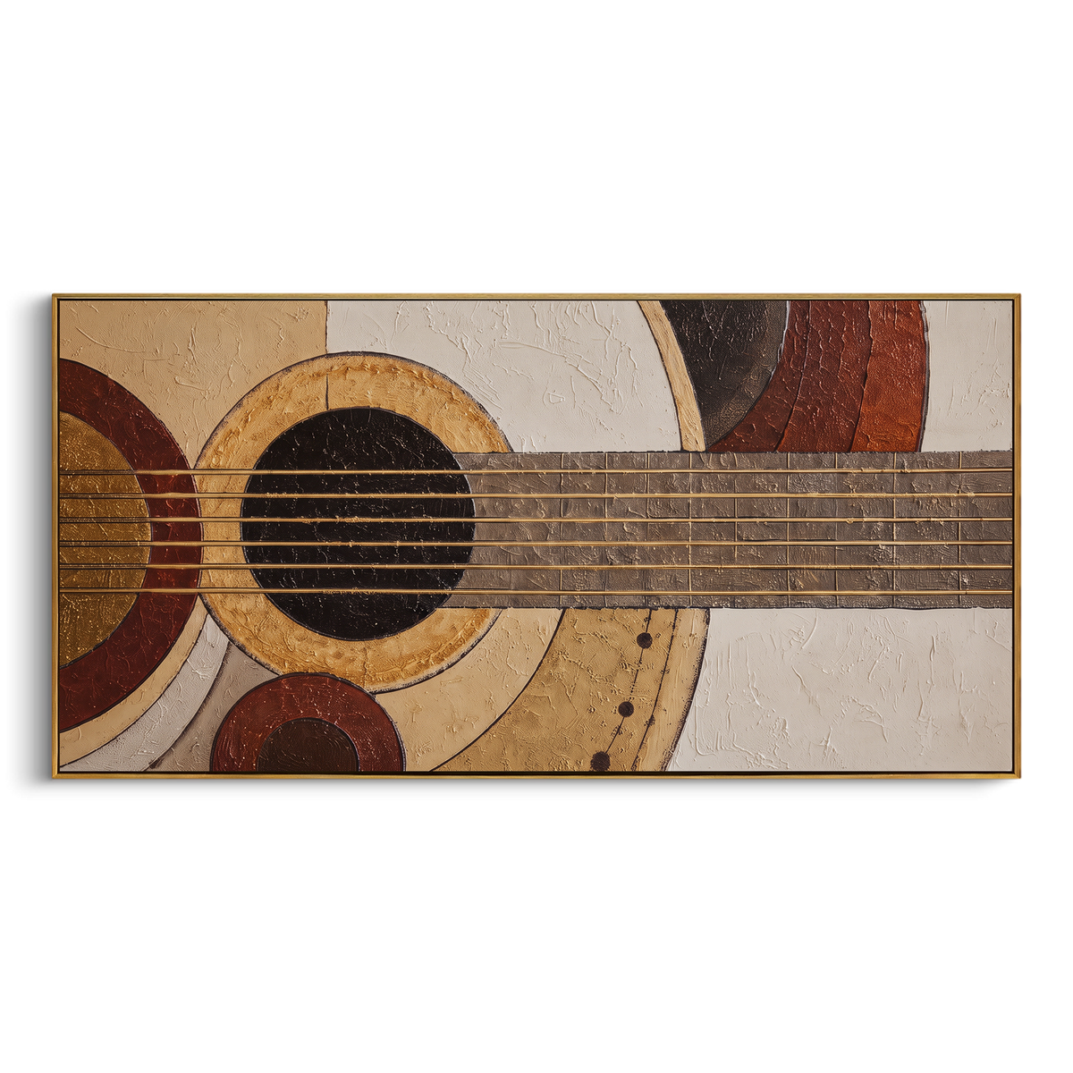 Guitar Soundhole Closeup centers on close crop of acoustic guitar body and strings with tan brown circles and cream texture. The visual structure is specific to this artwork: the main instrument shapes, note marks, performer silhouettes, brush direction, and surrounding color fields are arranged as a single musical composition rather than as a generic decorative pattern. The brown, beige, black palette sets the mood, with dark linework, pale negative space, and saturated accents guiding the eye