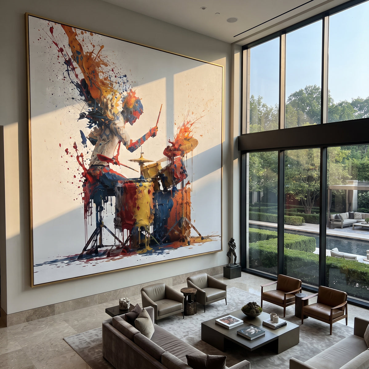 Exploding Drum Solo centers on square drummer splashing orange blue red paint around cymbals and drum kit on white ground. The visual structure is specific to this artwork: the main instrument shapes, note marks, performer silhouettes, brush direction, and surrounding color fields are arranged as a single musical composition rather than as a generic decorative pattern. The orange, blue, red palette sets the mood, with dark linework, pale negative space, and saturated accents guiding the eye