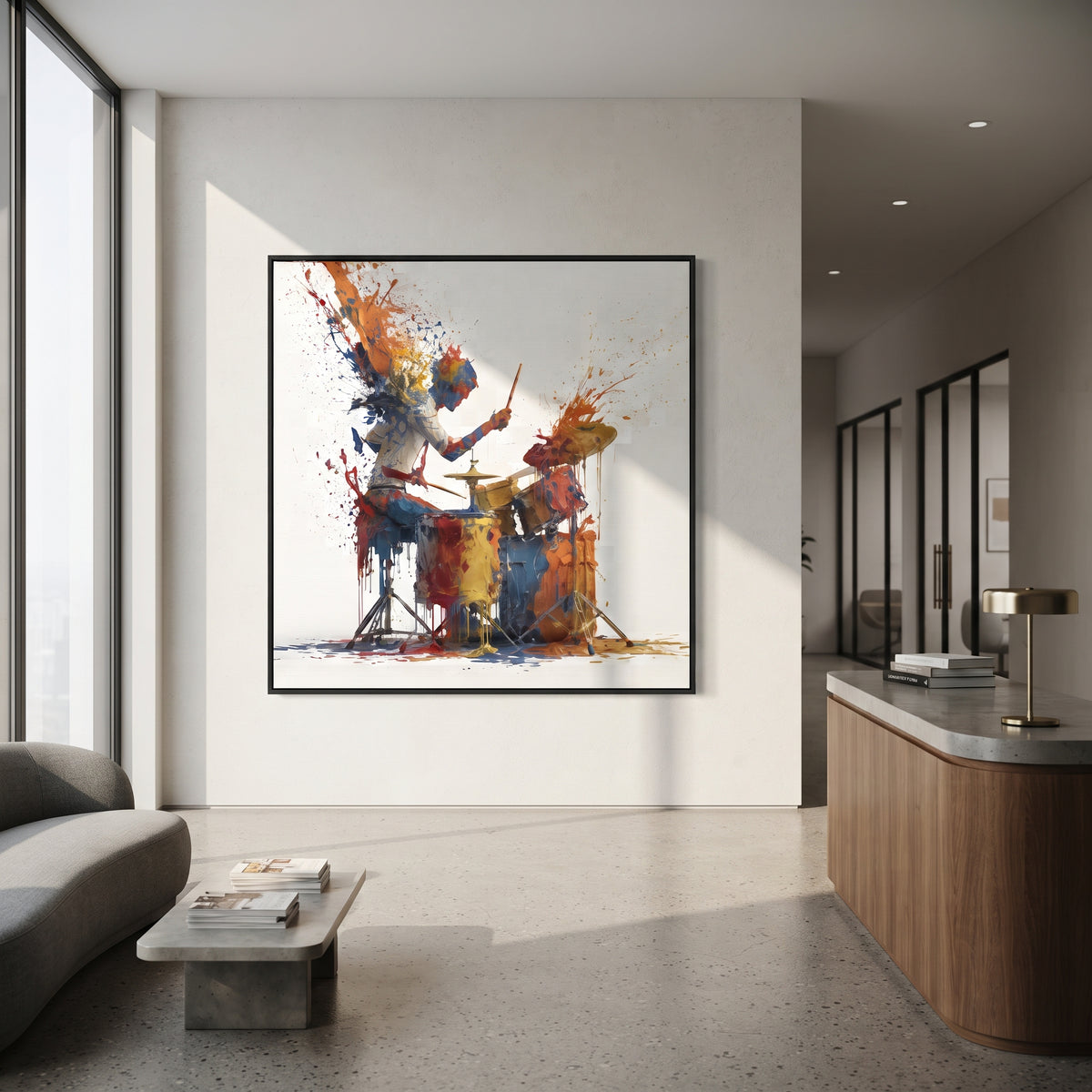 Exploding Drum Solo centers on square drummer splashing orange blue red paint around cymbals and drum kit on white ground. The visual structure is specific to this artwork: the main instrument shapes, note marks, performer silhouettes, brush direction, and surrounding color fields are arranged as a single musical composition rather than as a generic decorative pattern. The orange, blue, red palette sets the mood, with dark linework, pale negative space, and saturated accents guiding the eye