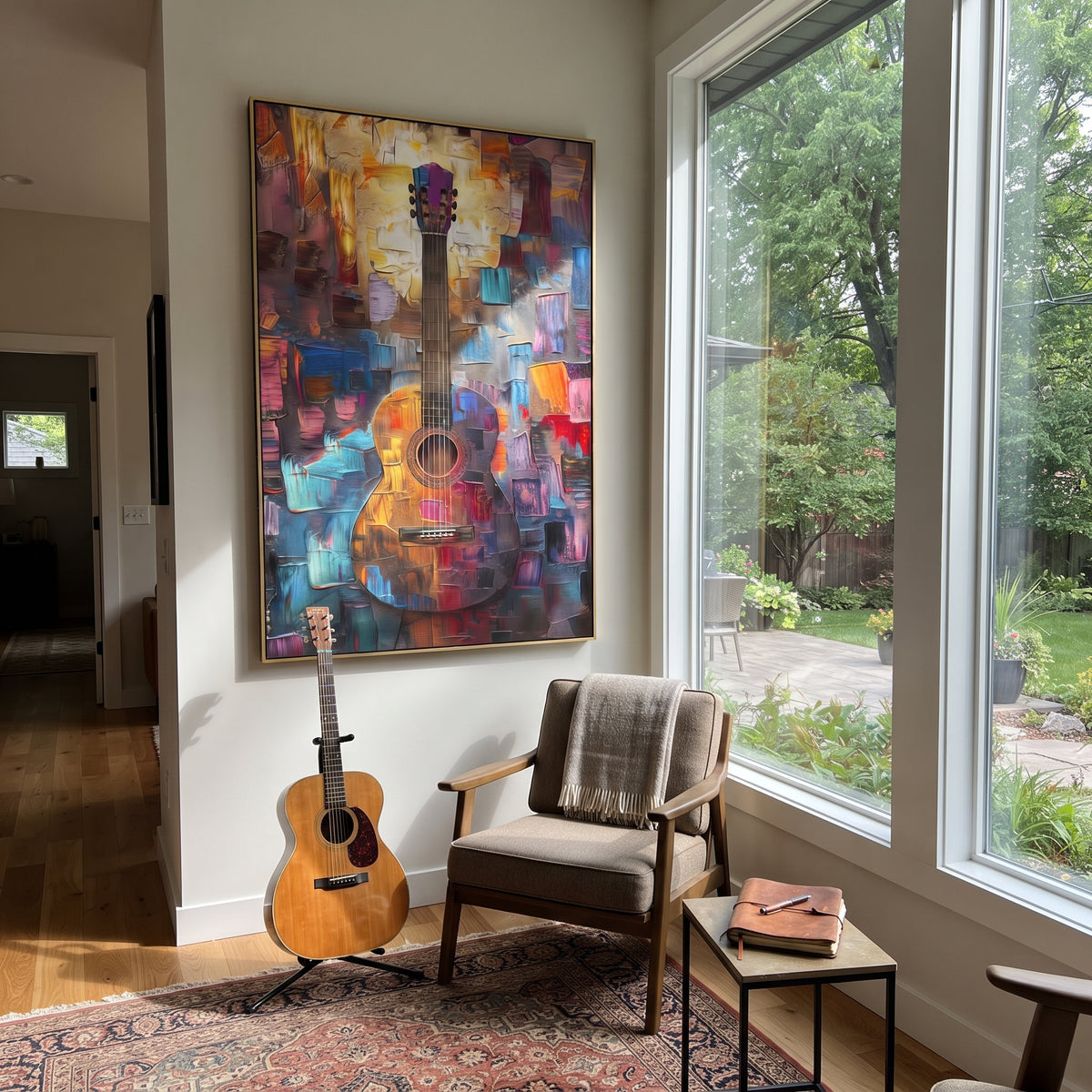 Color Block Guitar Standing centers on vertical guitar standing over colorful red blue orange block background with warm wood body. The visual structure is specific to this artwork: the main instrument shapes, note marks, performer silhouettes, brush direction, and surrounding color fields are arranged as a single musical composition rather than as a generic decorative pattern. The brown, red, blue palette sets the mood, with dark linework, pale negative space, and saturated accents guiding the