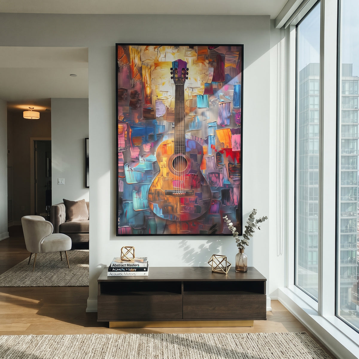 Color Block Guitar Standing centers on vertical guitar standing over colorful red blue orange block background with warm wood body. The visual structure is specific to this artwork: the main instrument shapes, note marks, performer silhouettes, brush direction, and surrounding color fields are arranged as a single musical composition rather than as a generic decorative pattern. The brown, red, blue palette sets the mood, with dark linework, pale negative space, and saturated accents guiding the