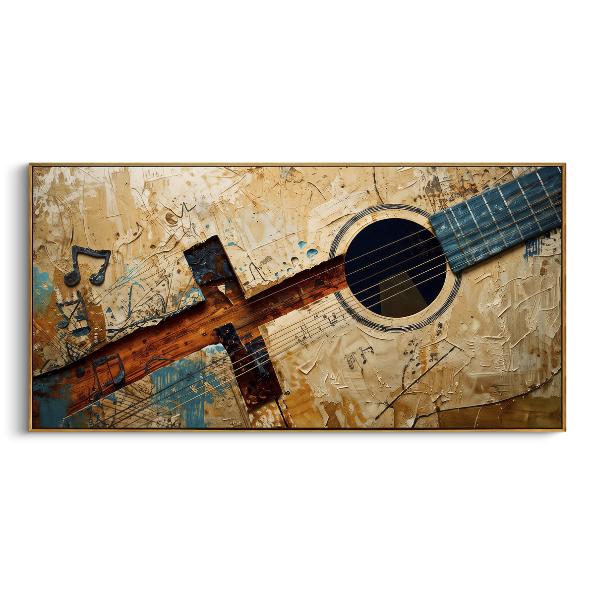 Rustic Guitar Score centers on wide rustic guitar crossing beige music-score texture with blue neck and black note marks. The visual structure is specific to this artwork: the main instrument shapes, note marks, performer silhouettes, brush direction, and surrounding color fields are arranged as a single musical composition rather than as a generic decorative pattern. The brown, beige, blue palette sets the mood, with dark linework, pale negative space, and saturated accents guiding the eye