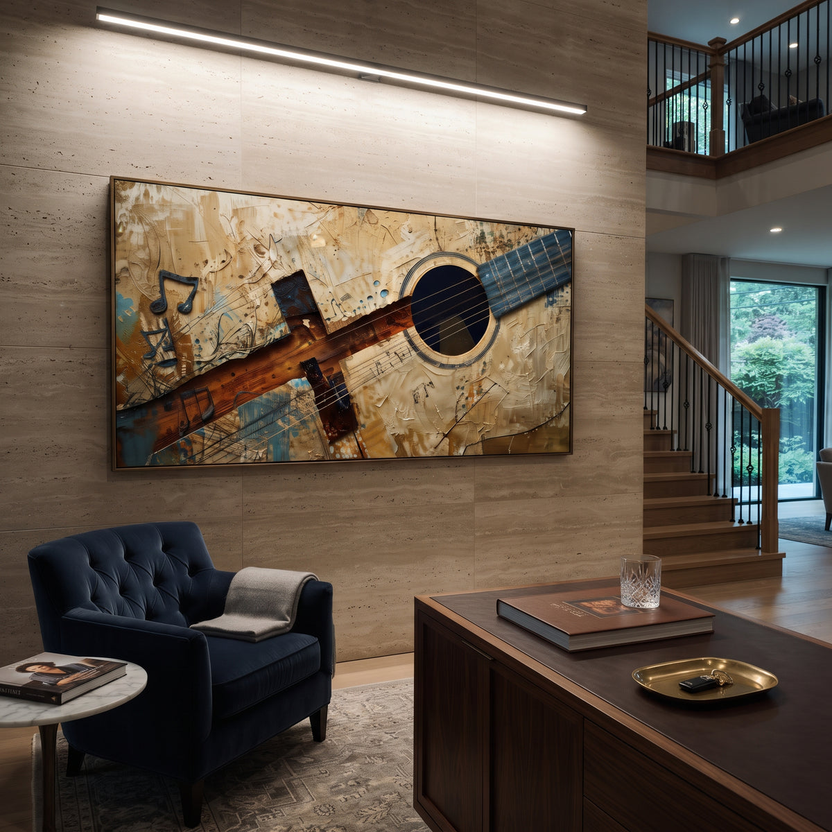Rustic Guitar Score centers on wide rustic guitar crossing beige music-score texture with blue neck and black note marks. The visual structure is specific to this artwork: the main instrument shapes, note marks, performer silhouettes, brush direction, and surrounding color fields are arranged as a single musical composition rather than as a generic decorative pattern. The brown, beige, blue palette sets the mood, with dark linework, pale negative space, and saturated accents guiding the eye