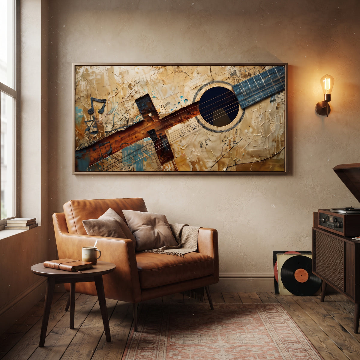 Rustic Guitar Score centers on wide rustic guitar crossing beige music-score texture with blue neck and black note marks. The visual structure is specific to this artwork: the main instrument shapes, note marks, performer silhouettes, brush direction, and surrounding color fields are arranged as a single musical composition rather than as a generic decorative pattern. The brown, beige, blue palette sets the mood, with dark linework, pale negative space, and saturated accents guiding the eye