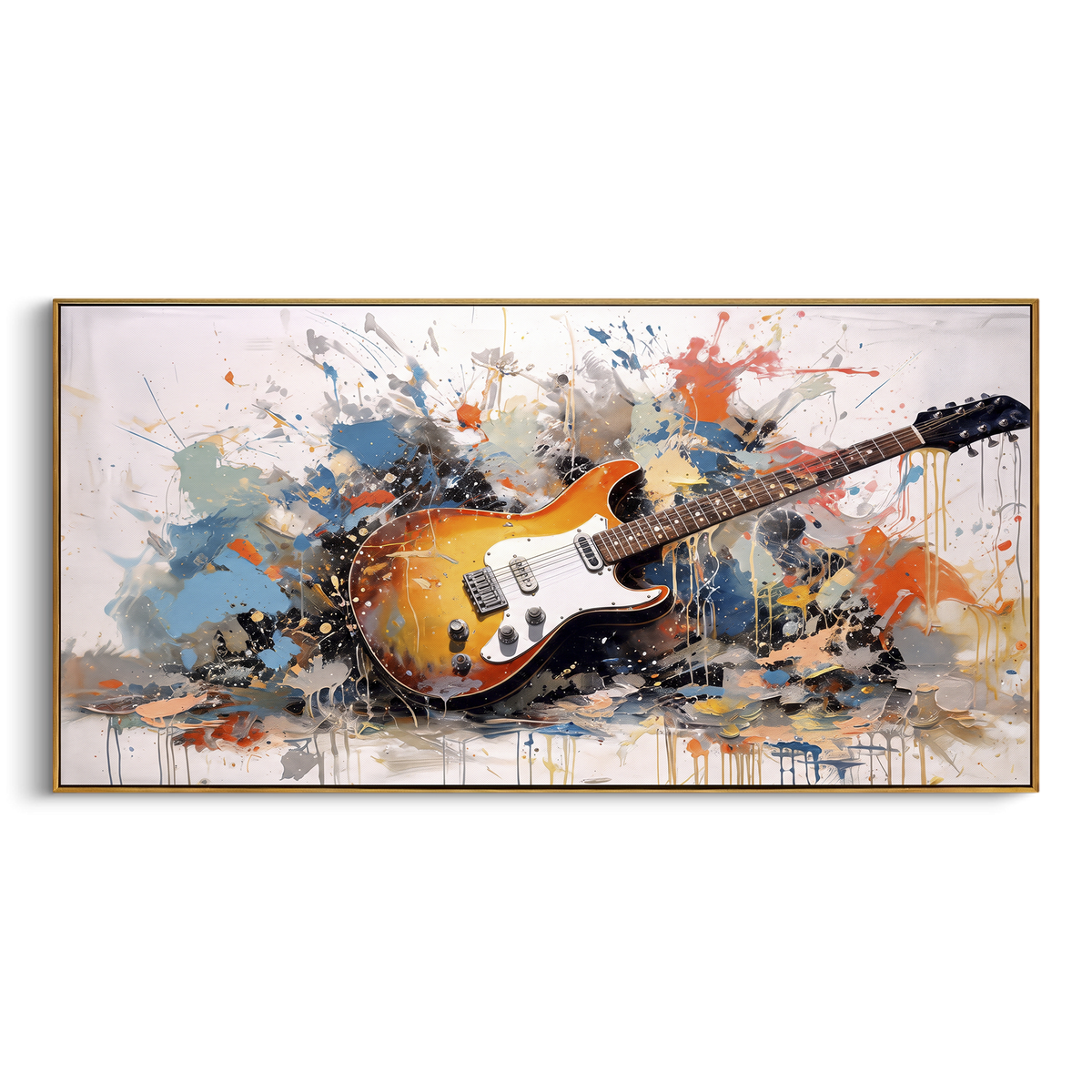 Electric Guitar Splash centers on orange electric guitar lying in blue black orange splashes on a pale stage-like ground. The visual structure is specific to this artwork: the main instrument shapes, note marks, performer silhouettes, brush direction, and surrounding color fields are arranged as a single musical composition rather than as a generic decorative pattern. The orange, blue, black palette sets the mood, with dark linework, pale negative space, and saturated accents guiding the eye