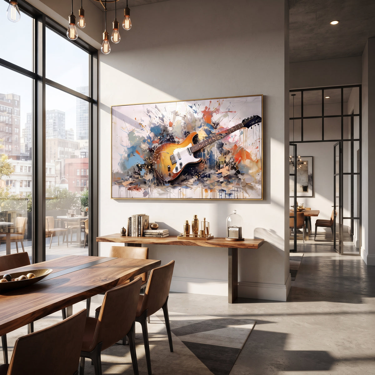 Electric Guitar Splash centers on orange electric guitar lying in blue black orange splashes on a pale stage-like ground. The visual structure is specific to this artwork: the main instrument shapes, note marks, performer silhouettes, brush direction, and surrounding color fields are arranged as a single musical composition rather than as a generic decorative pattern. The orange, blue, black palette sets the mood, with dark linework, pale negative space, and saturated accents guiding the eye