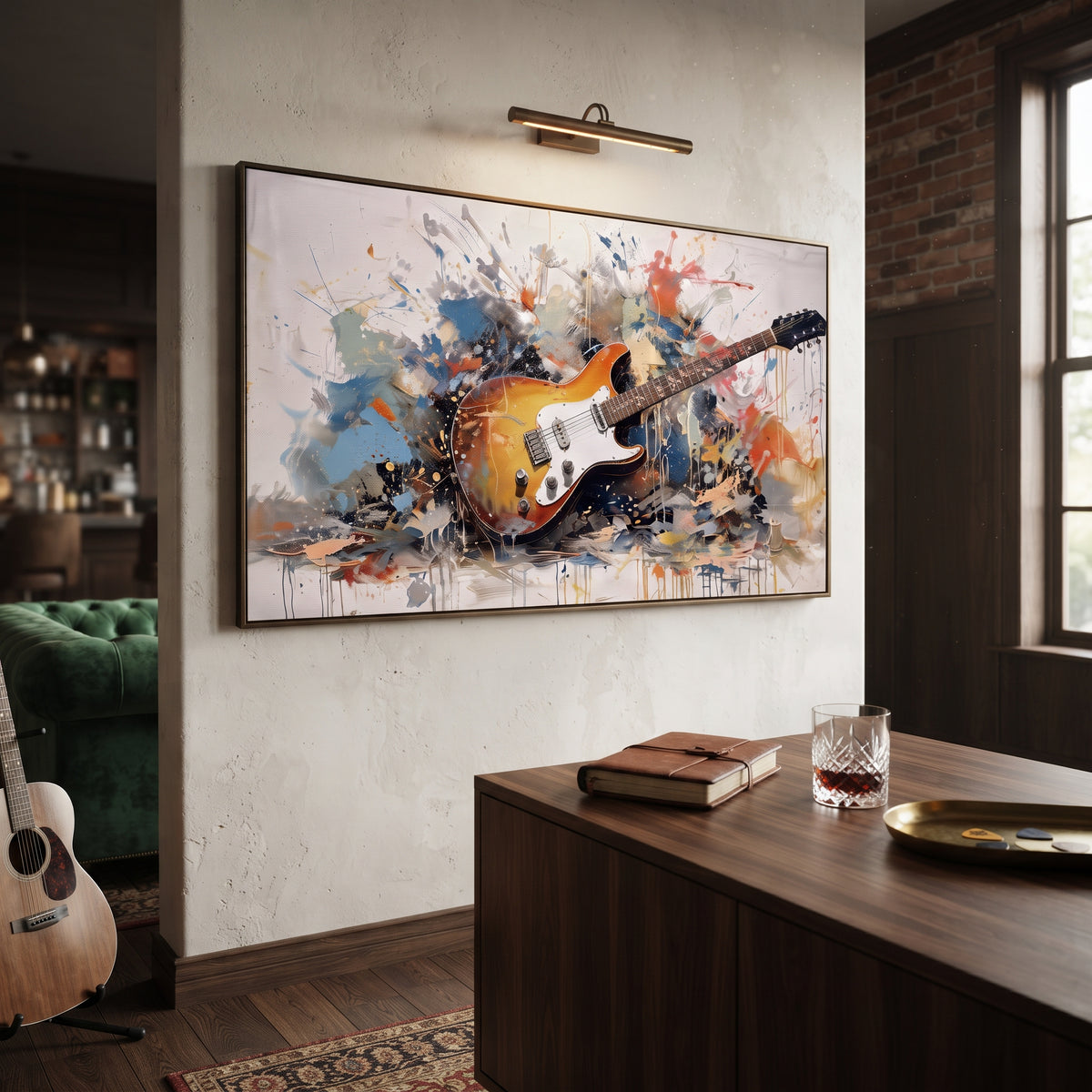 Electric Guitar Splash centers on orange electric guitar lying in blue black orange splashes on a pale stage-like ground. The visual structure is specific to this artwork: the main instrument shapes, note marks, performer silhouettes, brush direction, and surrounding color fields are arranged as a single musical composition rather than as a generic decorative pattern. The orange, blue, black palette sets the mood, with dark linework, pale negative space, and saturated accents guiding the eye