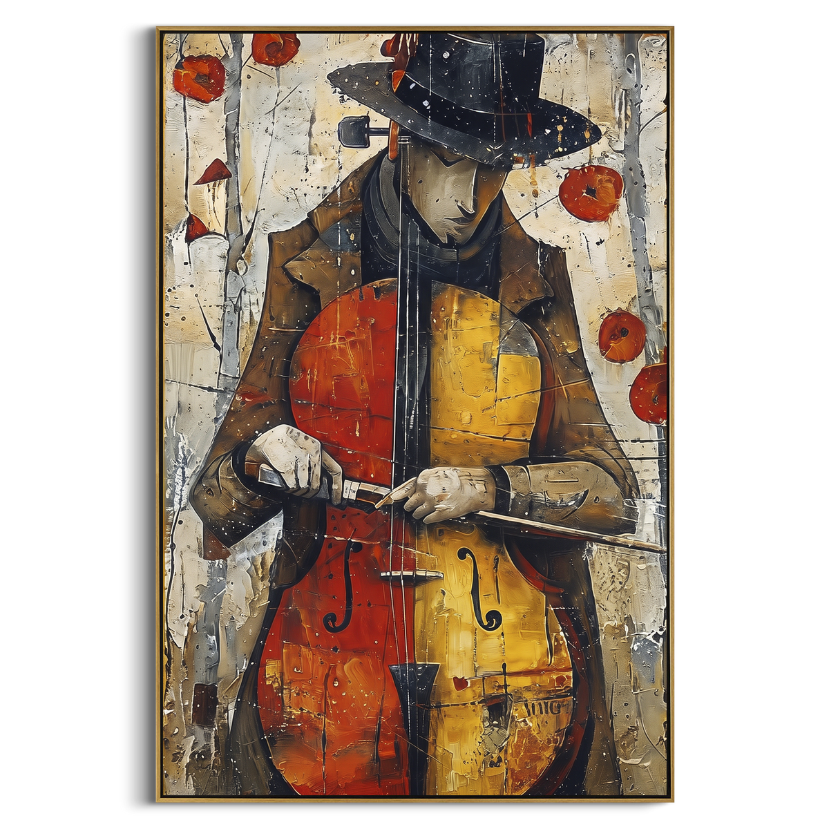 Cellist Portrait Red Wall centers on vertical cellist in dark hat holding orange cello against aged white wall and red accents. The visual structure is specific to this artwork: the main instrument shapes, note marks, performer silhouettes, brush direction, and surrounding color fields are arranged as a single musical composition rather than as a generic decorative pattern. The orange, black, white palette sets the mood, with dark linework, pale negative space, and saturated accents guiding the