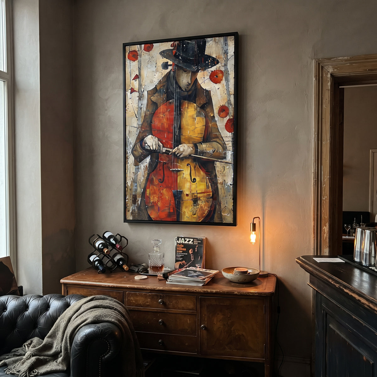 Cellist Portrait Red Wall centers on vertical cellist in dark hat holding orange cello against aged white wall and red accents. The visual structure is specific to this artwork: the main instrument shapes, note marks, performer silhouettes, brush direction, and surrounding color fields are arranged as a single musical composition rather than as a generic decorative pattern. The orange, black, white palette sets the mood, with dark linework, pale negative space, and saturated accents guiding the