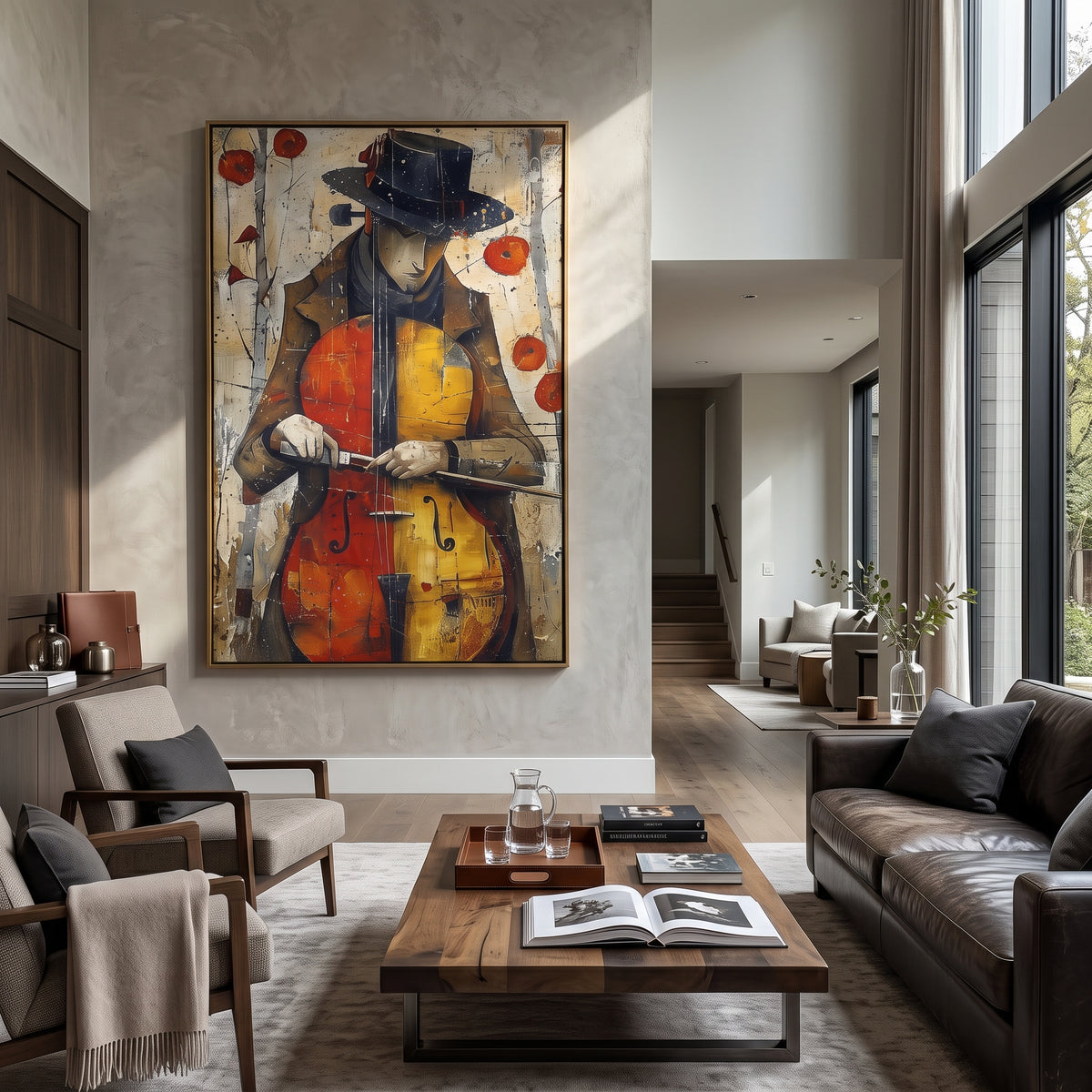 Cellist Portrait Red Wall centers on vertical cellist in dark hat holding orange cello against aged white wall and red accents. The visual structure is specific to this artwork: the main instrument shapes, note marks, performer silhouettes, brush direction, and surrounding color fields are arranged as a single musical composition rather than as a generic decorative pattern. The orange, black, white palette sets the mood, with dark linework, pale negative space, and saturated accents guiding the