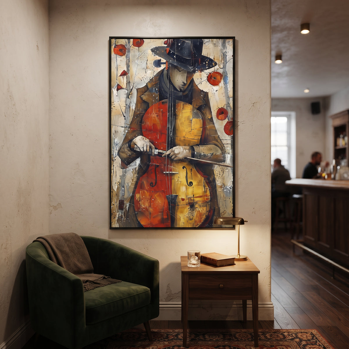 Cellist Portrait Red Wall centers on vertical cellist in dark hat holding orange cello against aged white wall and red accents. The visual structure is specific to this artwork: the main instrument shapes, note marks, performer silhouettes, brush direction, and surrounding color fields are arranged as a single musical composition rather than as a generic decorative pattern. The orange, black, white palette sets the mood, with dark linework, pale negative space, and saturated accents guiding the