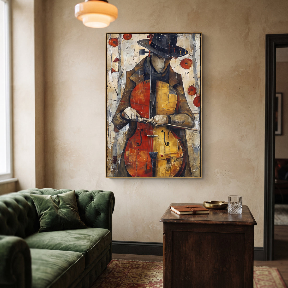 Cellist Portrait Red Wall centers on vertical cellist in dark hat holding orange cello against aged white wall and red accents. The visual structure is specific to this artwork: the main instrument shapes, note marks, performer silhouettes, brush direction, and surrounding color fields are arranged as a single musical composition rather than as a generic decorative pattern. The orange, black, white palette sets the mood, with dark linework, pale negative space, and saturated accents guiding the