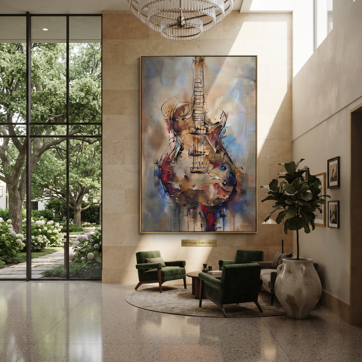 Transparent Cello Figure centers on vertical transparent cello shape with black linework, red accents, and misty blue beige ground. The visual structure is specific to this artwork: the main instrument shapes, note marks, performer silhouettes, brush direction, and surrounding color fields are arranged as a single musical composition rather than as a generic decorative pattern. The brown, blue, beige palette sets the mood, with dark linework, pale negative space, and saturated accents guiding