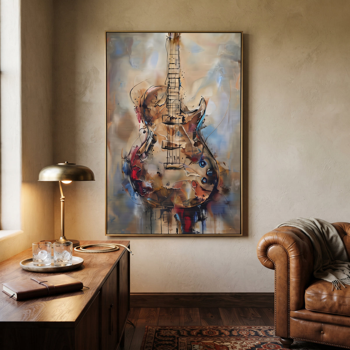 Transparent Cello Figure centers on vertical transparent cello shape with black linework, red accents, and misty blue beige ground. The visual structure is specific to this artwork: the main instrument shapes, note marks, performer silhouettes, brush direction, and surrounding color fields are arranged as a single musical composition rather than as a generic decorative pattern. The brown, blue, beige palette sets the mood, with dark linework, pale negative space, and saturated accents guiding