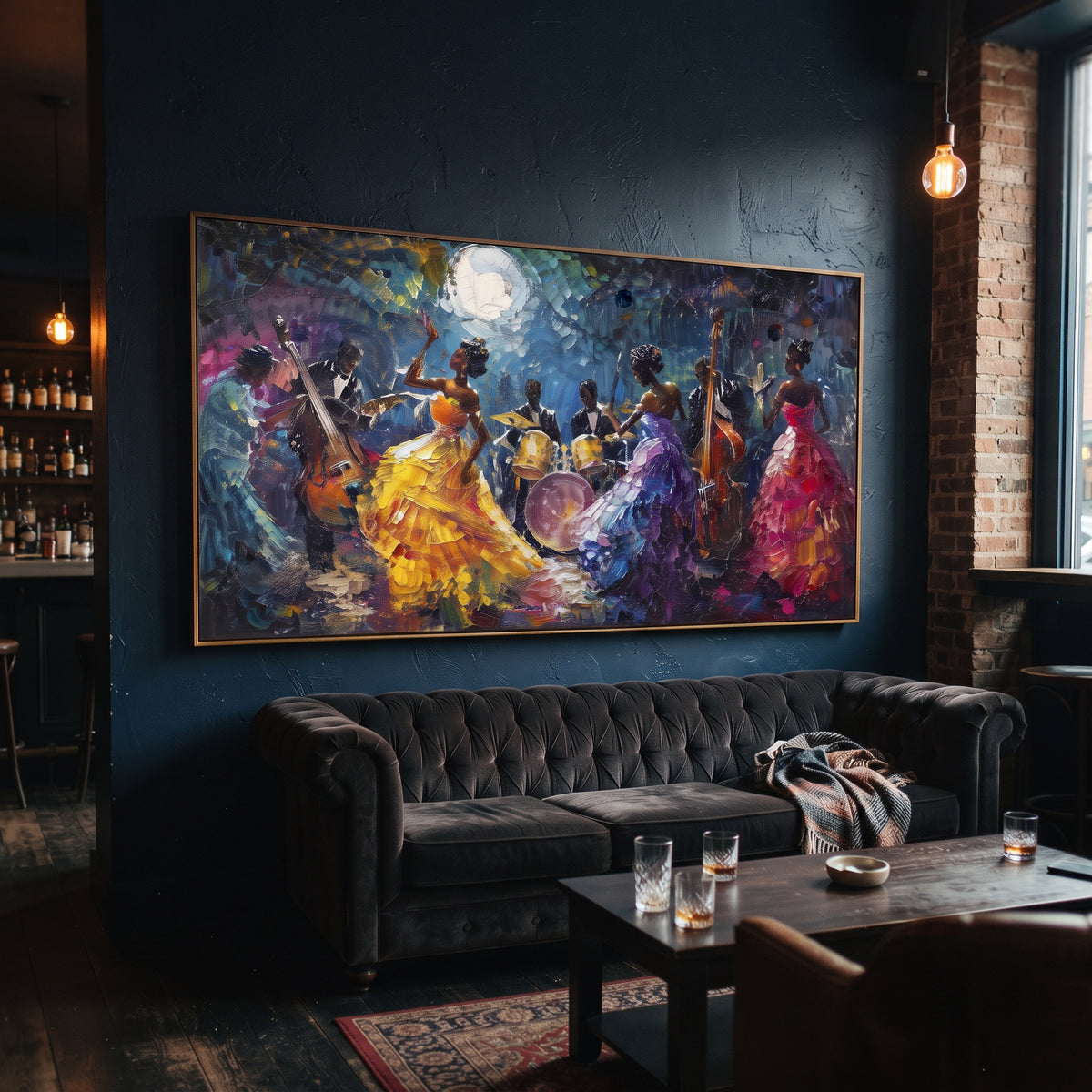 Moonlit Dance Orchestra centers on night orchestra scene with colorful dancers, drums, upright bass, moonlight, and deep blue ground. The visual structure is specific to this artwork: the main instrument shapes, note marks, performer silhouettes, brush direction, and surrounding color fields are arranged as a single musical composition rather than as a generic decorative pattern. The blue, yellow, red palette sets the mood, with dark linework, pale negative space, and saturated accents guiding