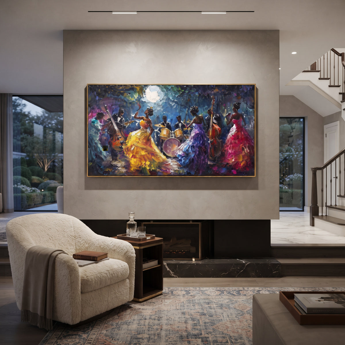 Moonlit Dance Orchestra centers on night orchestra scene with colorful dancers, drums, upright bass, moonlight, and deep blue ground. The visual structure is specific to this artwork: the main instrument shapes, note marks, performer silhouettes, brush direction, and surrounding color fields are arranged as a single musical composition rather than as a generic decorative pattern. The blue, yellow, red palette sets the mood, with dark linework, pale negative space, and saturated accents guiding