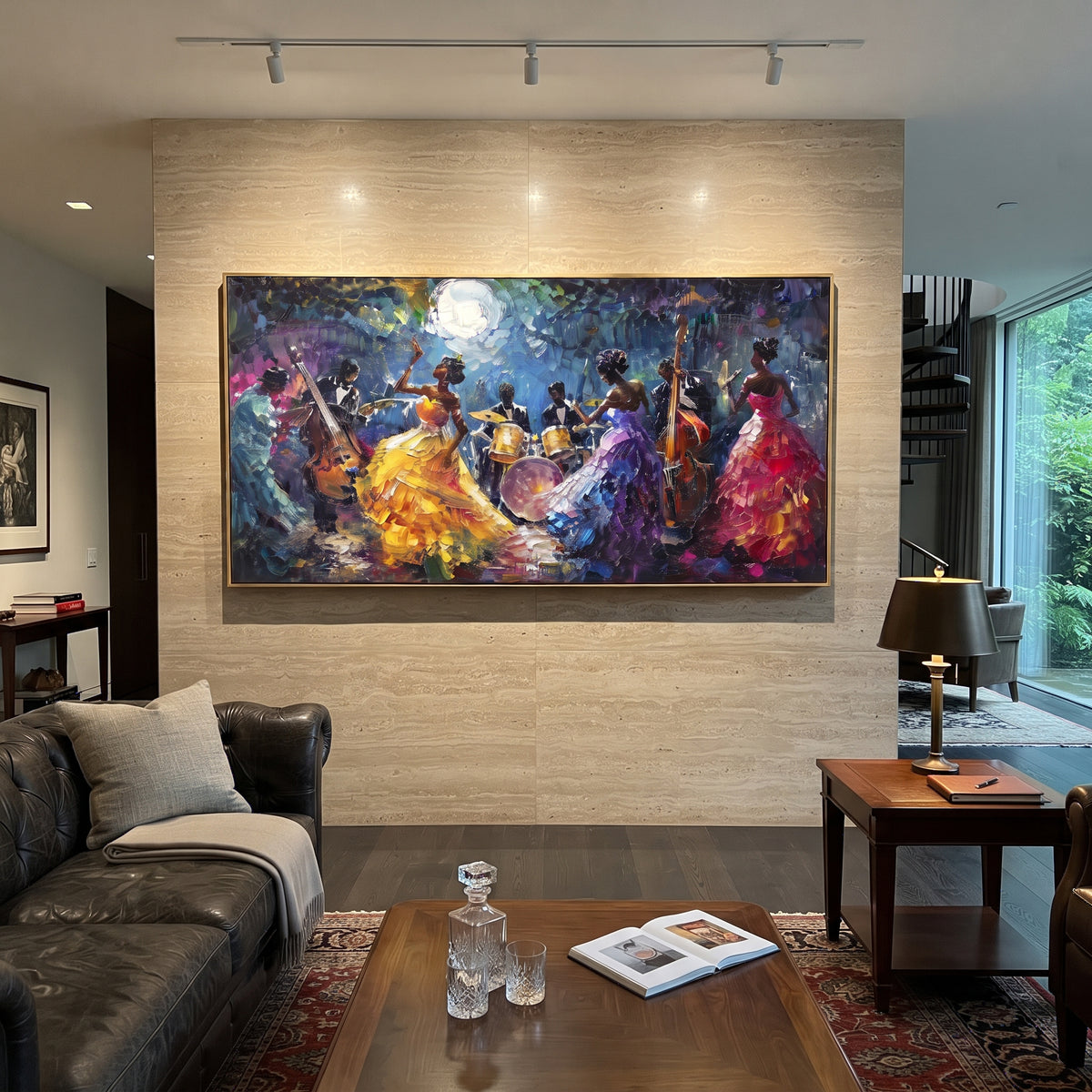 Moonlit Dance Orchestra centers on night orchestra scene with colorful dancers, drums, upright bass, moonlight, and deep blue ground. The visual structure is specific to this artwork: the main instrument shapes, note marks, performer silhouettes, brush direction, and surrounding color fields are arranged as a single musical composition rather than as a generic decorative pattern. The blue, yellow, red palette sets the mood, with dark linework, pale negative space, and saturated accents guiding