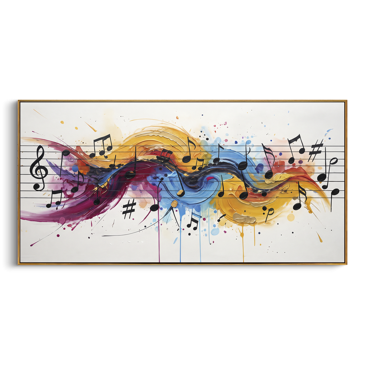 Sunset Music Staff centers on sunset colored staff wave with orange yellow blue strokes, black notes, and white ground. The visual structure is specific to this artwork: the main instrument shapes, note marks, performer silhouettes, brush direction, and surrounding color fields are arranged as a single musical composition rather than as a generic decorative pattern. The orange, yellow, blue palette sets the mood, with dark linework, pale negative space, and saturated accents guiding the eye
