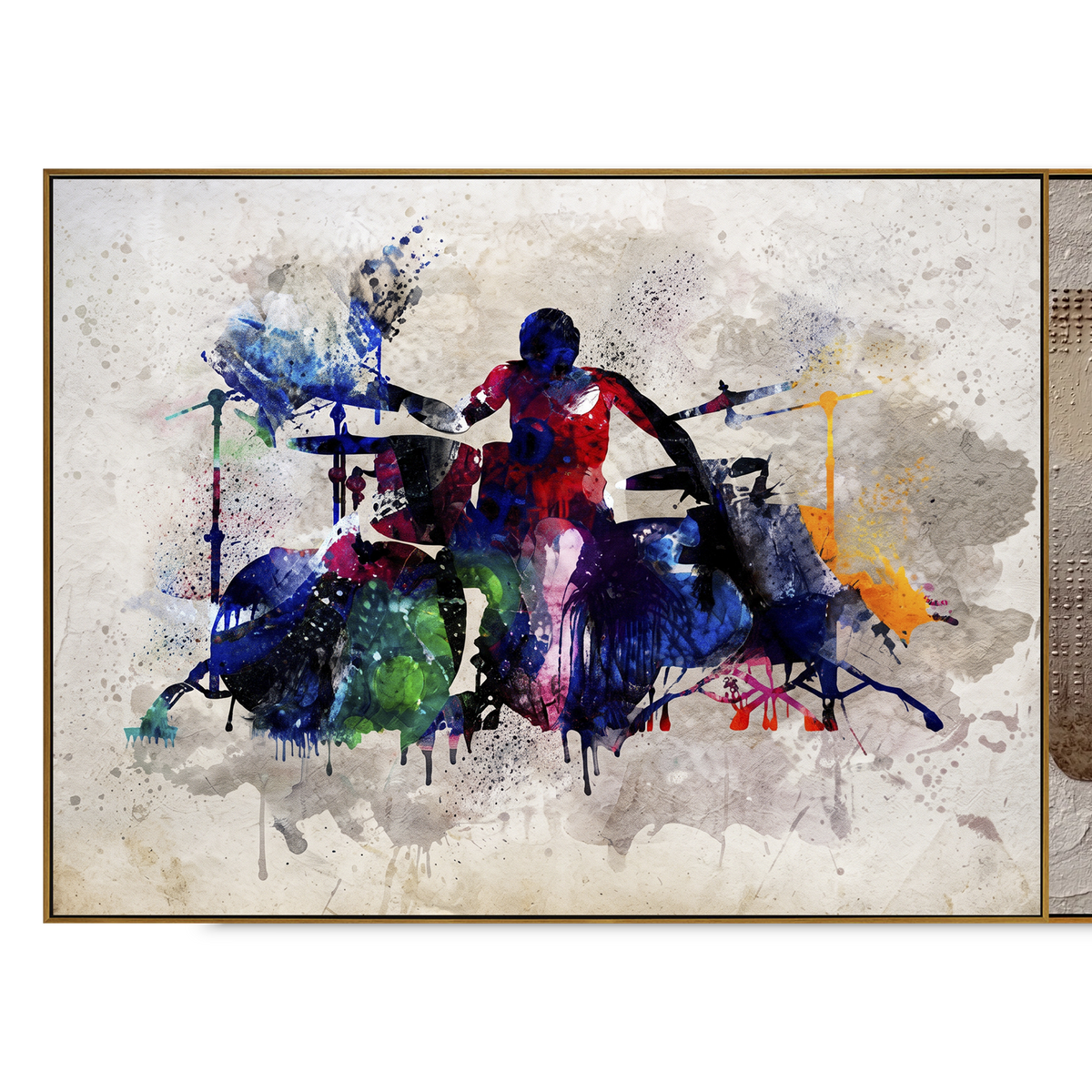 Watercolor Drum Kit centers on drummer silhouette with blue green red drums and splashed grey white background. The visual structure is specific to this artwork: the main instrument shapes, note marks, performer silhouettes, brush direction, and surrounding color fields are arranged as a single musical composition rather than as a generic decorative pattern. The blue, green, red palette sets the mood, with dark linework, pale negative space, and saturated accents guiding the eye through the