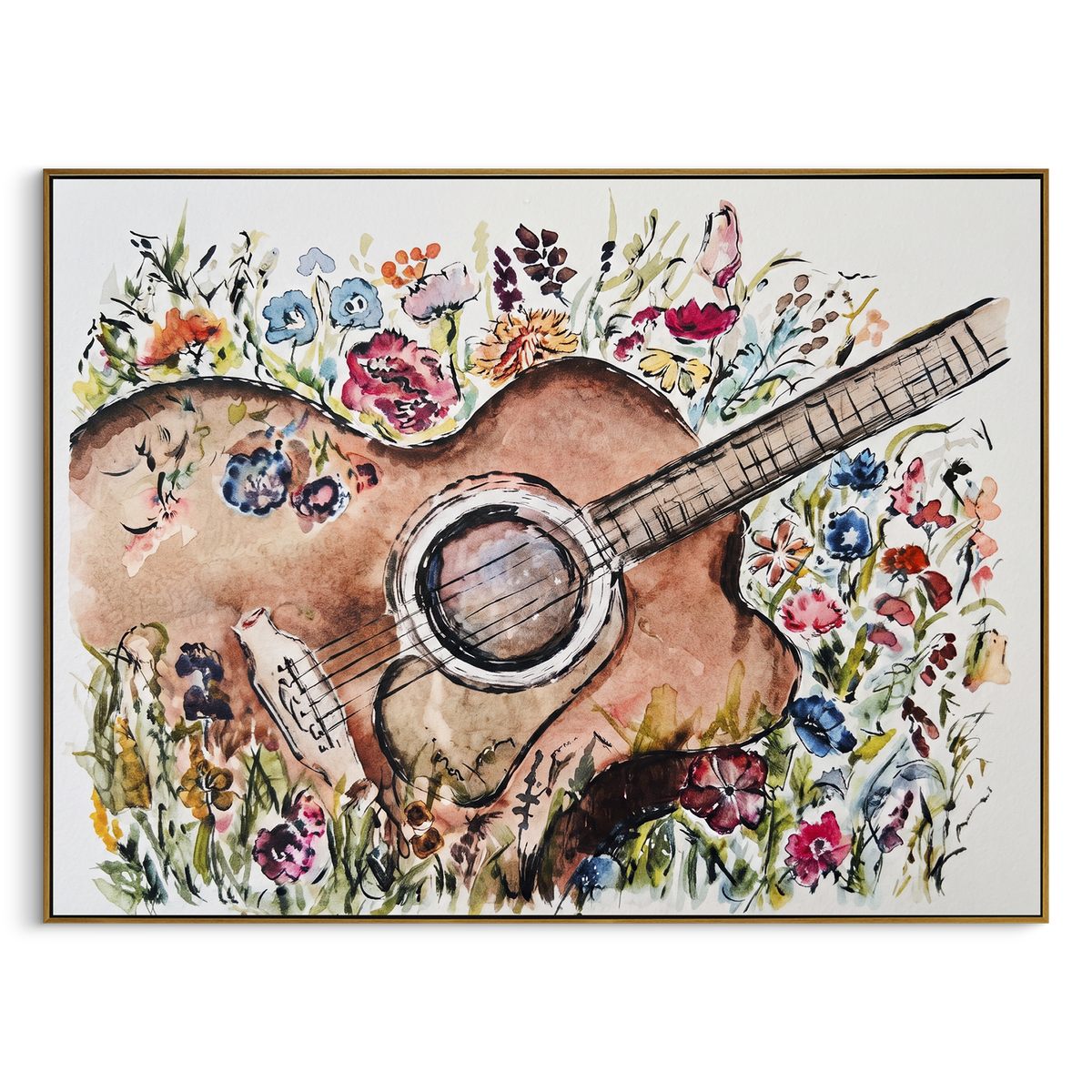 Floral Acoustic Guitar centers on acoustic guitar surrounded by loose flowers and leaves in watercolor-like garden texture. The visual structure is specific to this artwork: the main instrument shapes, note marks, performer silhouettes, brush direction, and surrounding color fields are arranged as a single musical composition rather than as a generic decorative pattern. The brown, green, pink palette sets the mood, with dark linework, pale negative space, and saturated accents guiding the eye