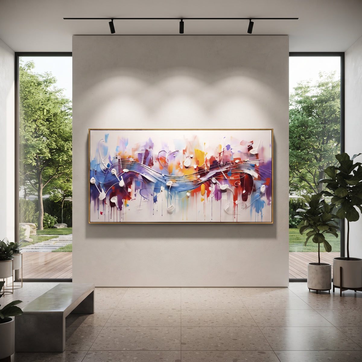 Color Wash Music Staff centers on broad blue red orange music staff with white notes and dripping paint on pale ground. The visual structure is specific to this artwork: the main instrument shapes, note marks, performer silhouettes, brush direction, and surrounding color fields are arranged as a single musical composition rather than as a generic decorative pattern. The blue, red, orange palette sets the mood, with dark linework, pale negative space, and saturated accents guiding the eye through