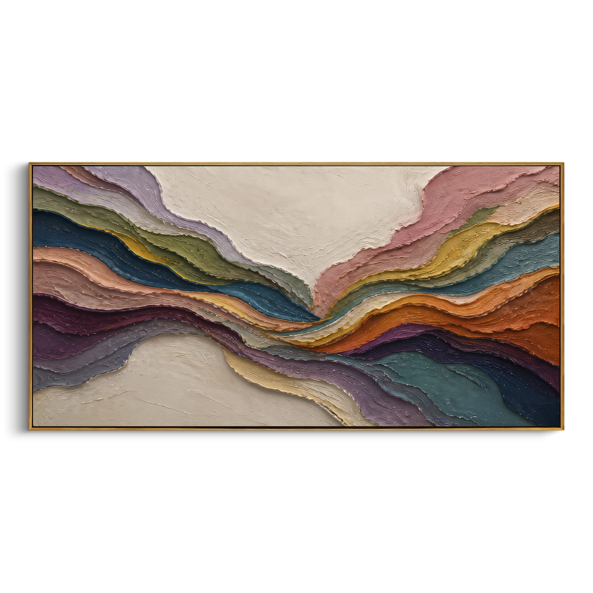 Multicolor Strata Flow Relief presents multicolor layered strata with indigo, teal, ochre, coral and cream flowing bands. The composition is built from visible raised bands, ridges, and softened edges rather than a flat printed pattern, so light catches the high and low passages across the canvas. Multicolor layered strata with indigo, teal, ochre, coral and cream flowing bands guide the eye through the work, with stronger contrast held near the central movement and quieter negative space around