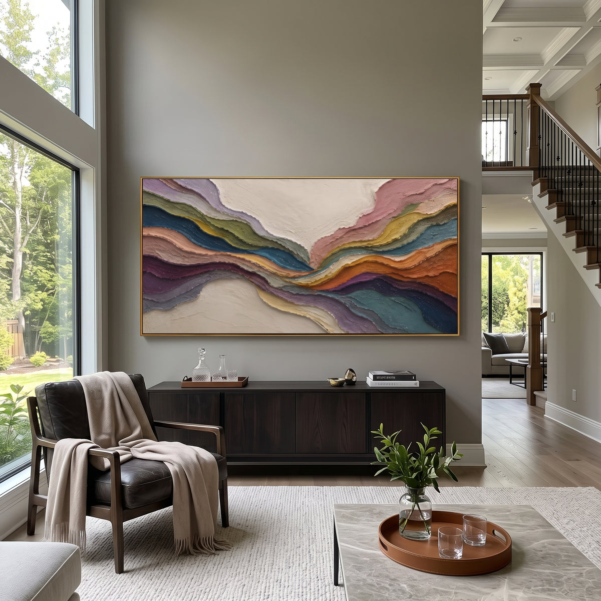 Multicolor Strata Flow Relief presents multicolor layered strata with indigo, teal, ochre, coral and cream flowing bands. The composition is built from visible raised bands, ridges, and softened edges rather than a flat printed pattern, so light catches the high and low passages across the canvas. Multicolor layered strata with indigo, teal, ochre, coral and cream flowing bands guide the eye through the work, with stronger contrast held near the central movement and quieter negative space around