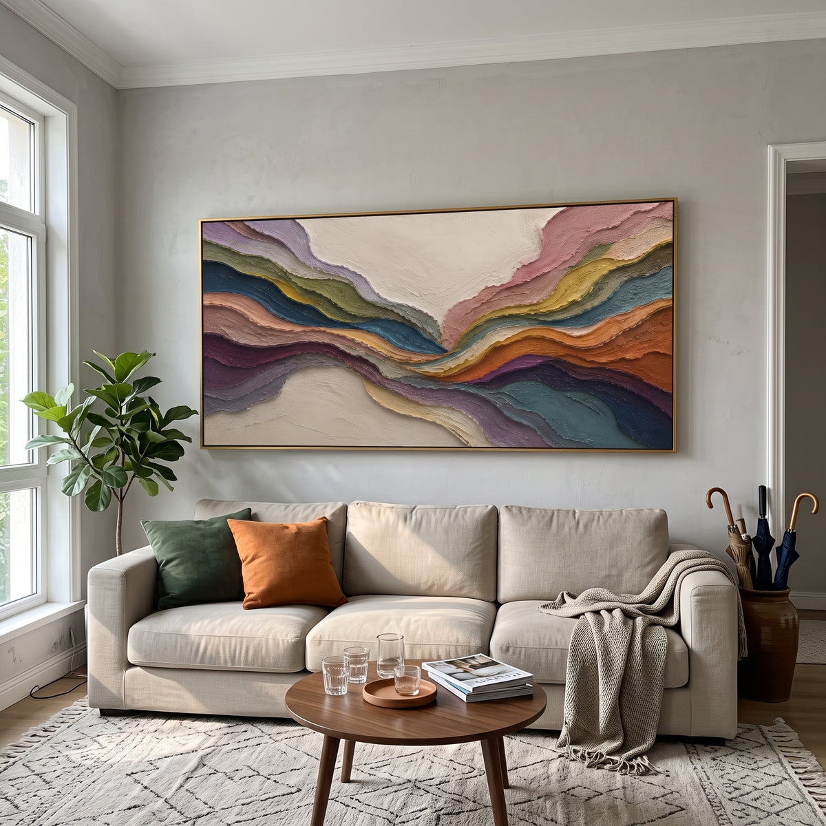 Multicolor Strata Flow Relief presents multicolor layered strata with indigo, teal, ochre, coral and cream flowing bands. The composition is built from visible raised bands, ridges, and softened edges rather than a flat printed pattern, so light catches the high and low passages across the canvas. Multicolor layered strata with indigo, teal, ochre, coral and cream flowing bands guide the eye through the work, with stronger contrast held near the central movement and quieter negative space around