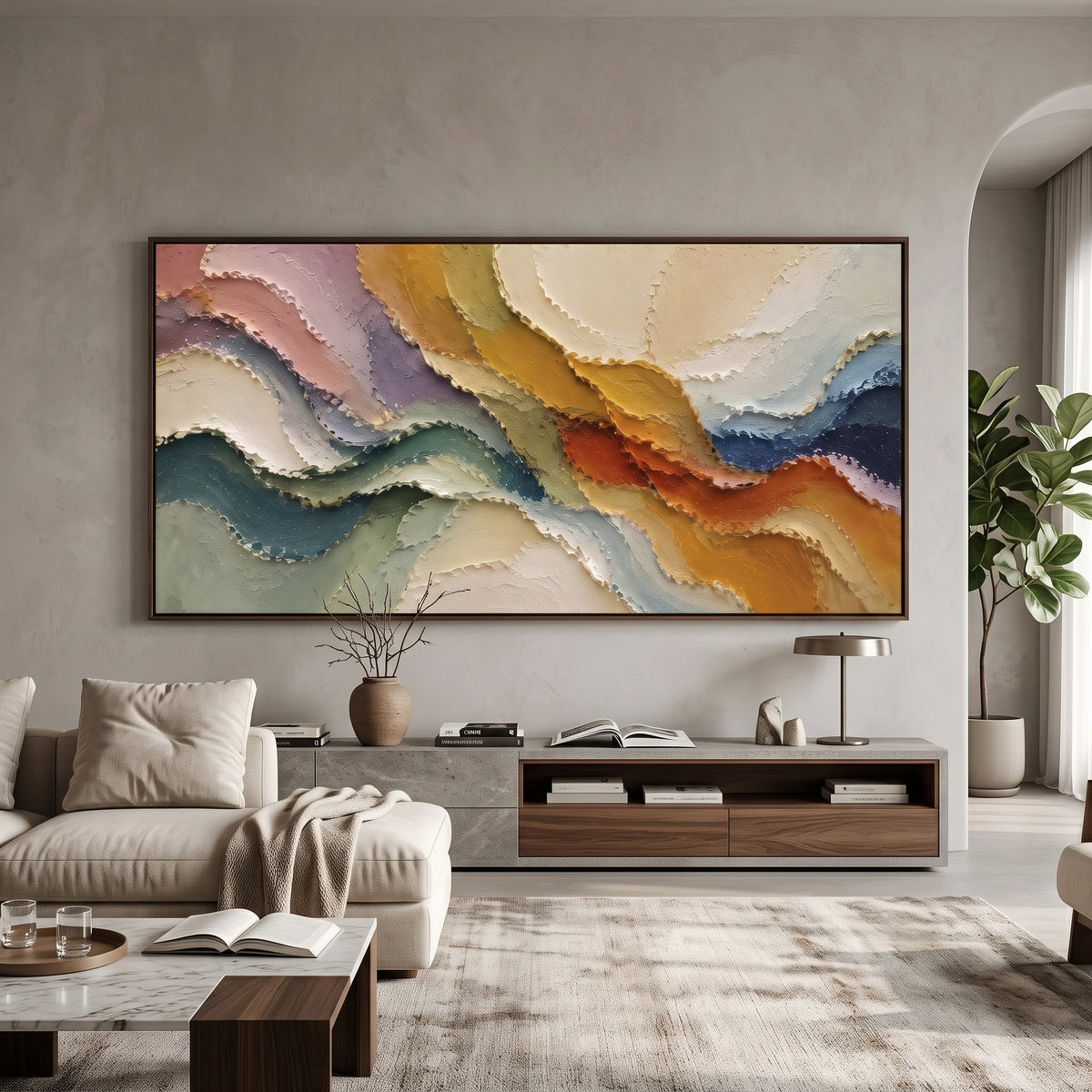 Pastel Mineral Current Relief presents pastel lavender, blush, ochre, teal and cream mineral bands. The composition is built from visible raised bands, ridges, and softened edges rather than a flat printed pattern, so light catches the high and low passages across the canvas. Pastel lavender, blush, ochre, teal and cream mineral bands guide the eye through the work, with stronger contrast held near the central movement and quieter negative space around the edges. The palette balances tactile