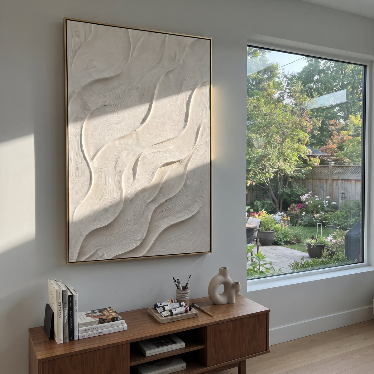 Ivory Carved Wave Relief presents ivory carved waves with soft white relief and quiet beige shadows. The composition is built from visible raised bands, ridges, and softened edges rather than a flat printed pattern, so light catches the high and low passages across the canvas. Ivory carved waves with soft white relief and quiet beige shadows guide the eye through the work, with stronger contrast held near the central movement and quieter negative space around the edges. The palette balances