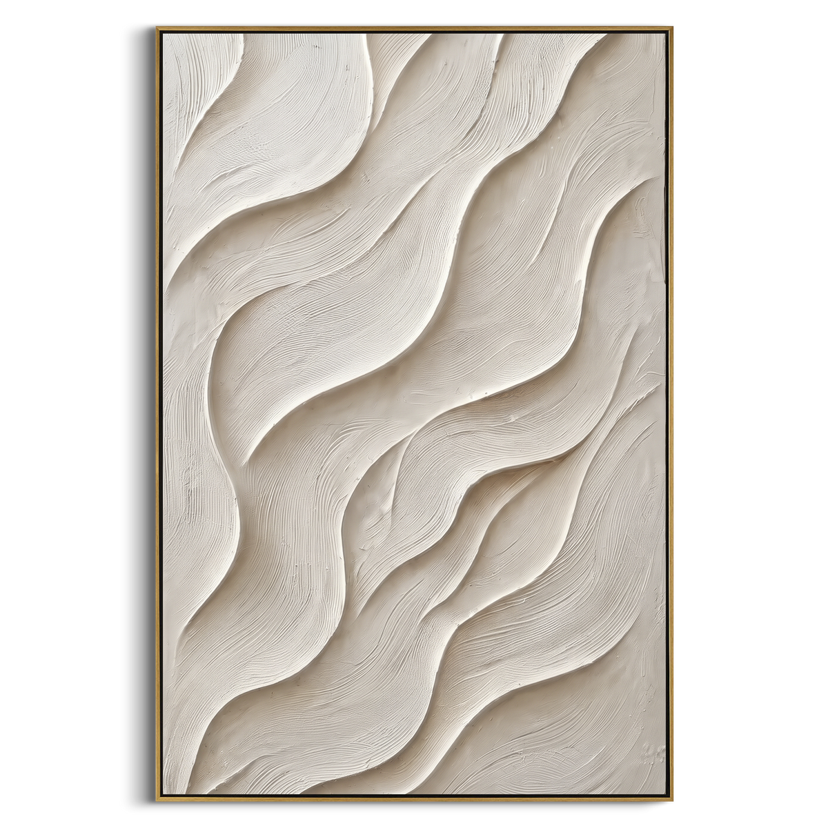Ivory Carved Wave Relief presents ivory carved waves with soft white relief and quiet beige shadows. The composition is built from visible raised bands, ridges, and softened edges rather than a flat printed pattern, so light catches the high and low passages across the canvas. Ivory carved waves with soft white relief and quiet beige shadows guide the eye through the work, with stronger contrast held near the central movement and quieter negative space around the edges. The palette balances