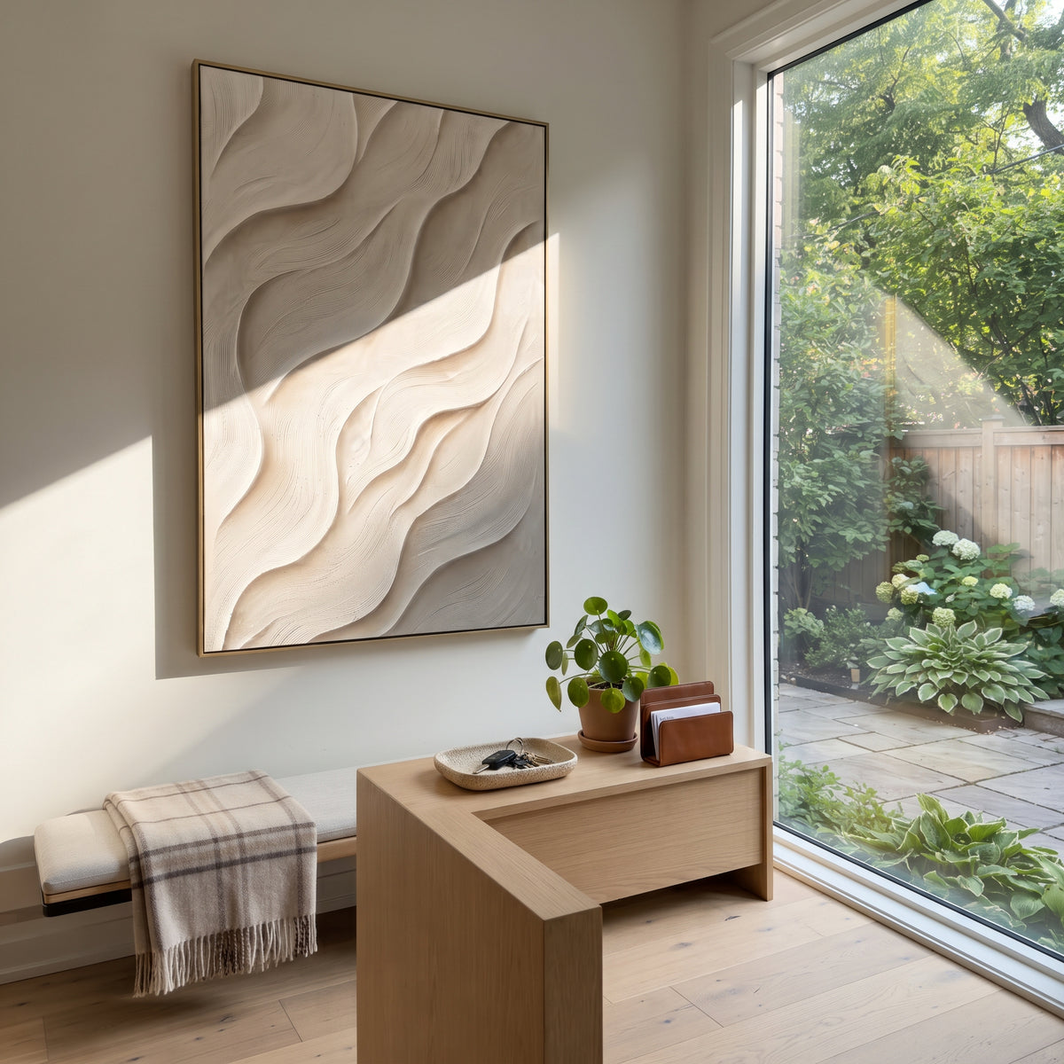 Ivory Carved Wave Relief presents ivory carved waves with soft white relief and quiet beige shadows. The composition is built from visible raised bands, ridges, and softened edges rather than a flat printed pattern, so light catches the high and low passages across the canvas. Ivory carved waves with soft white relief and quiet beige shadows guide the eye through the work, with stronger contrast held near the central movement and quieter negative space around the edges. The palette balances