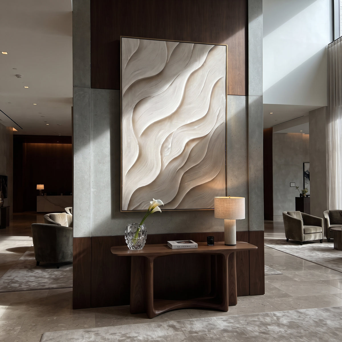 Ivory Carved Wave Relief presents ivory carved waves with soft white relief and quiet beige shadows. The composition is built from visible raised bands, ridges, and softened edges rather than a flat printed pattern, so light catches the high and low passages across the canvas. Ivory carved waves with soft white relief and quiet beige shadows guide the eye through the work, with stronger contrast held near the central movement and quieter negative space around the edges. The palette balances