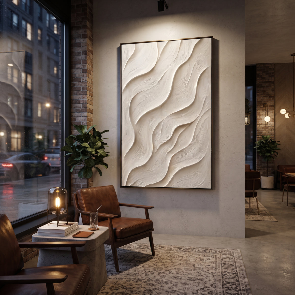 Ivory Carved Wave Relief presents ivory carved waves with soft white relief and quiet beige shadows. The composition is built from visible raised bands, ridges, and softened edges rather than a flat printed pattern, so light catches the high and low passages across the canvas. Ivory carved waves with soft white relief and quiet beige shadows guide the eye through the work, with stronger contrast held near the central movement and quieter negative space around the edges. The palette balances