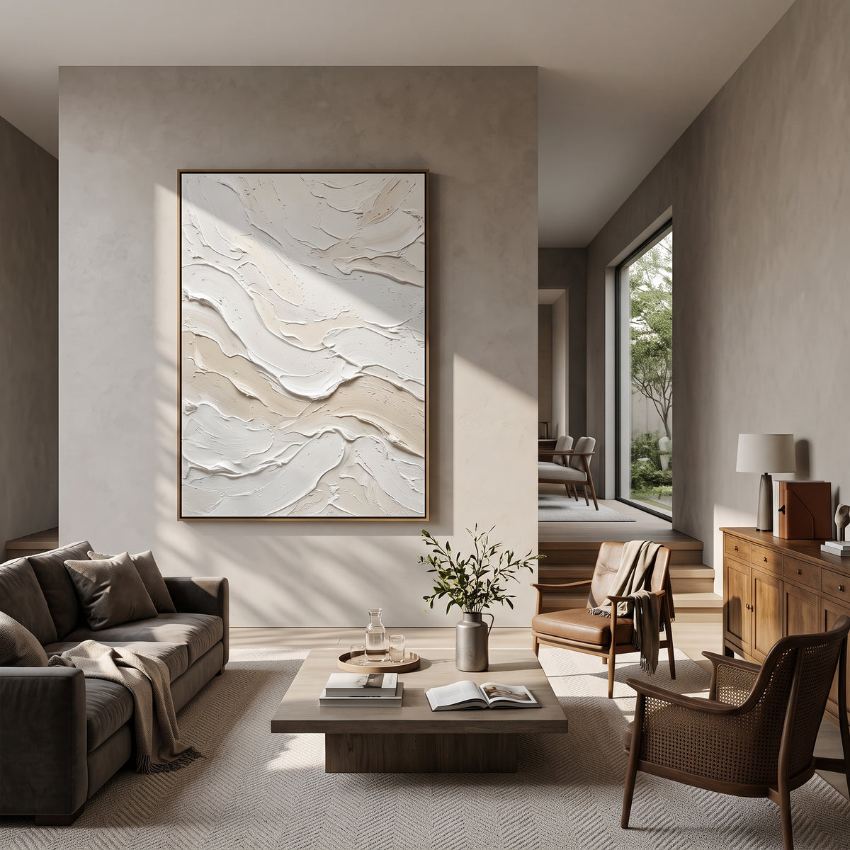 Ivory Carved Wave Relief presents ivory carved waves with soft white relief and quiet beige shadows. The composition is built from visible raised bands, ridges, and softened edges rather than a flat printed pattern, so light catches the high and low passages across the canvas. Ivory carved waves with soft white relief and quiet beige shadows guide the eye through the work, with stronger contrast held near the central movement and quieter negative space around the edges. The palette balances