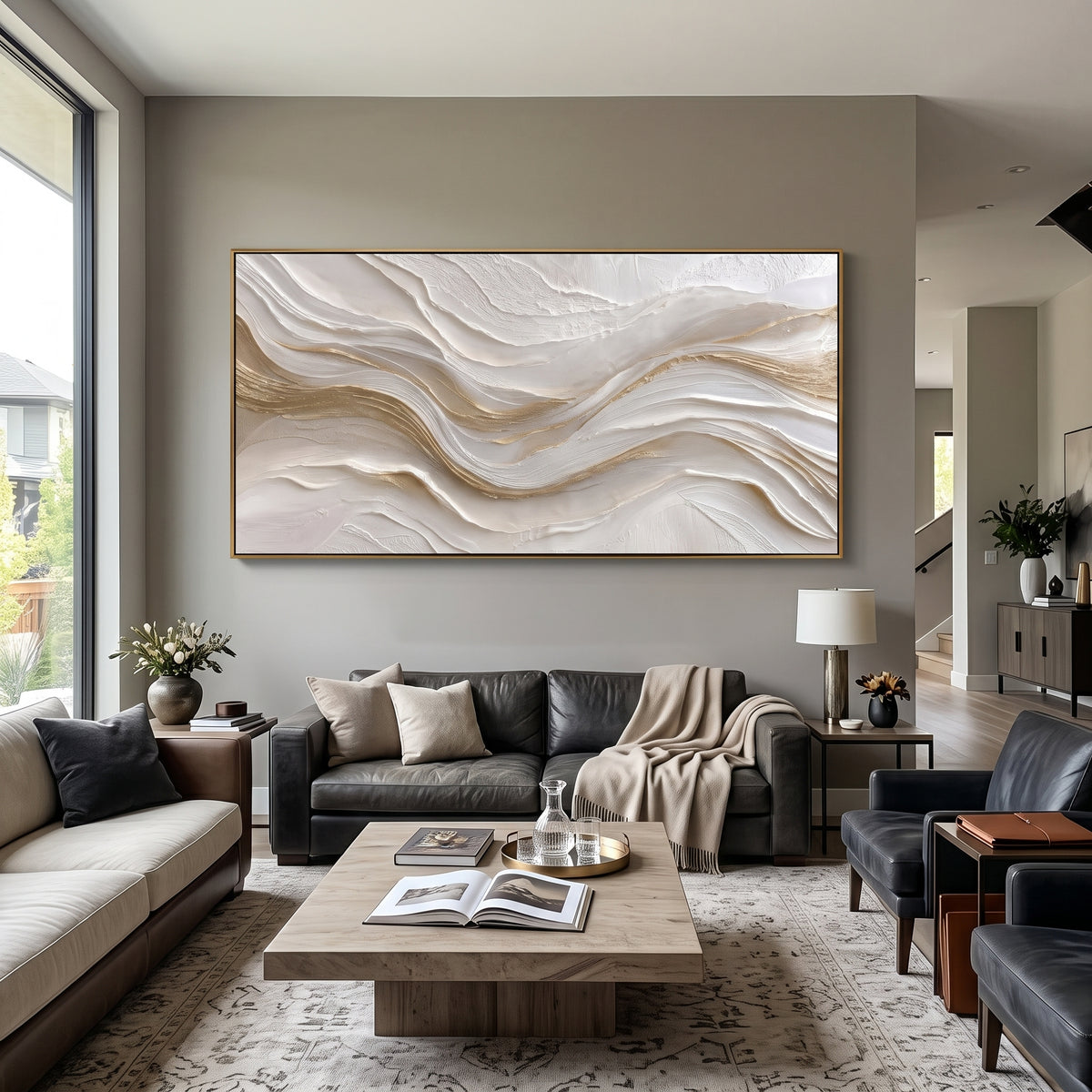 Gold Threaded Cloud Relief presents white layered cloud bands crossed by fine gold lines on warm ivory. The composition is built from visible raised bands, ridges, and softened edges rather than a flat printed pattern, so light catches the high and low passages across the canvas. White layered cloud bands crossed by fine gold lines on warm ivory guide the eye through the work, with stronger contrast held near the central movement and quieter negative space around the edges. The palette balances
