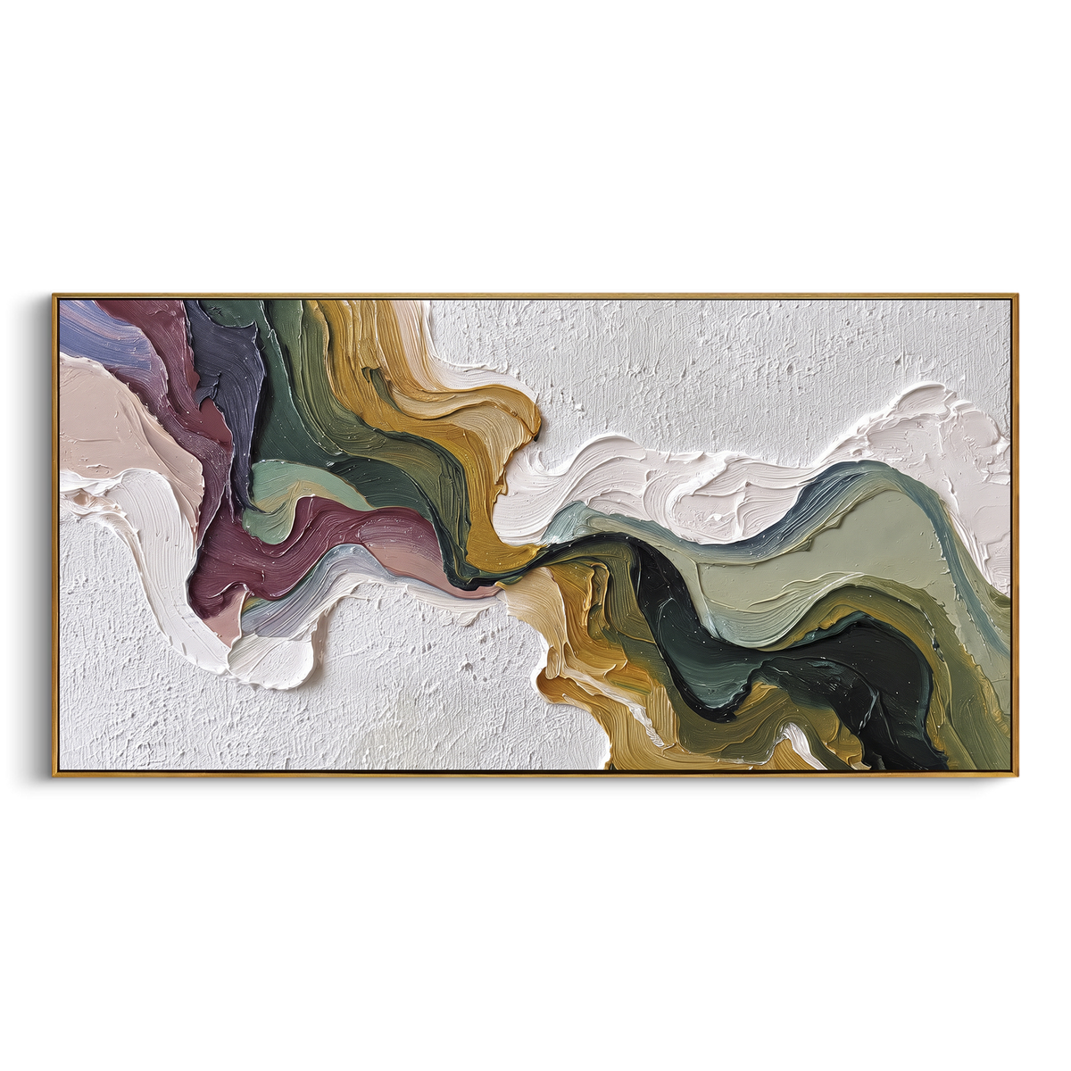 Teal Plum Horizon Relief presents teal, plum, blush, gold and white bands forming a narrow abstract horizon. The composition is built from visible raised bands, ridges, and softened edges rather than a flat printed pattern, so light catches the high and low passages across the canvas. Teal, plum, blush, gold and white bands forming a narrow abstract horizon guide the eye through the work, with stronger contrast held near the central movement and quieter negative space around the edges. The