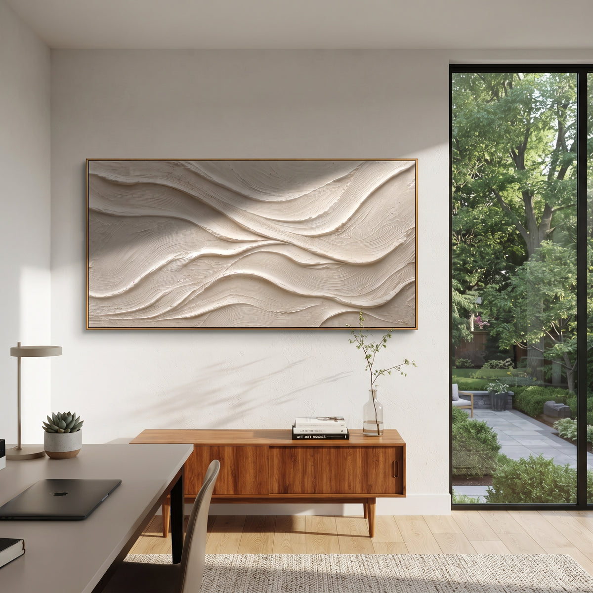 Sage Gold Swirl Relief presents sage and gold ribbons swirling around plum and ivory passages. The composition is built from visible raised bands, ridges, and softened edges rather than a flat printed pattern, so light catches the high and low passages across the canvas. Sage and gold ribbons swirling around plum and ivory passages guide the eye through the work, with stronger contrast held near the central movement and quieter negative space around the edges. The palette balances tactile