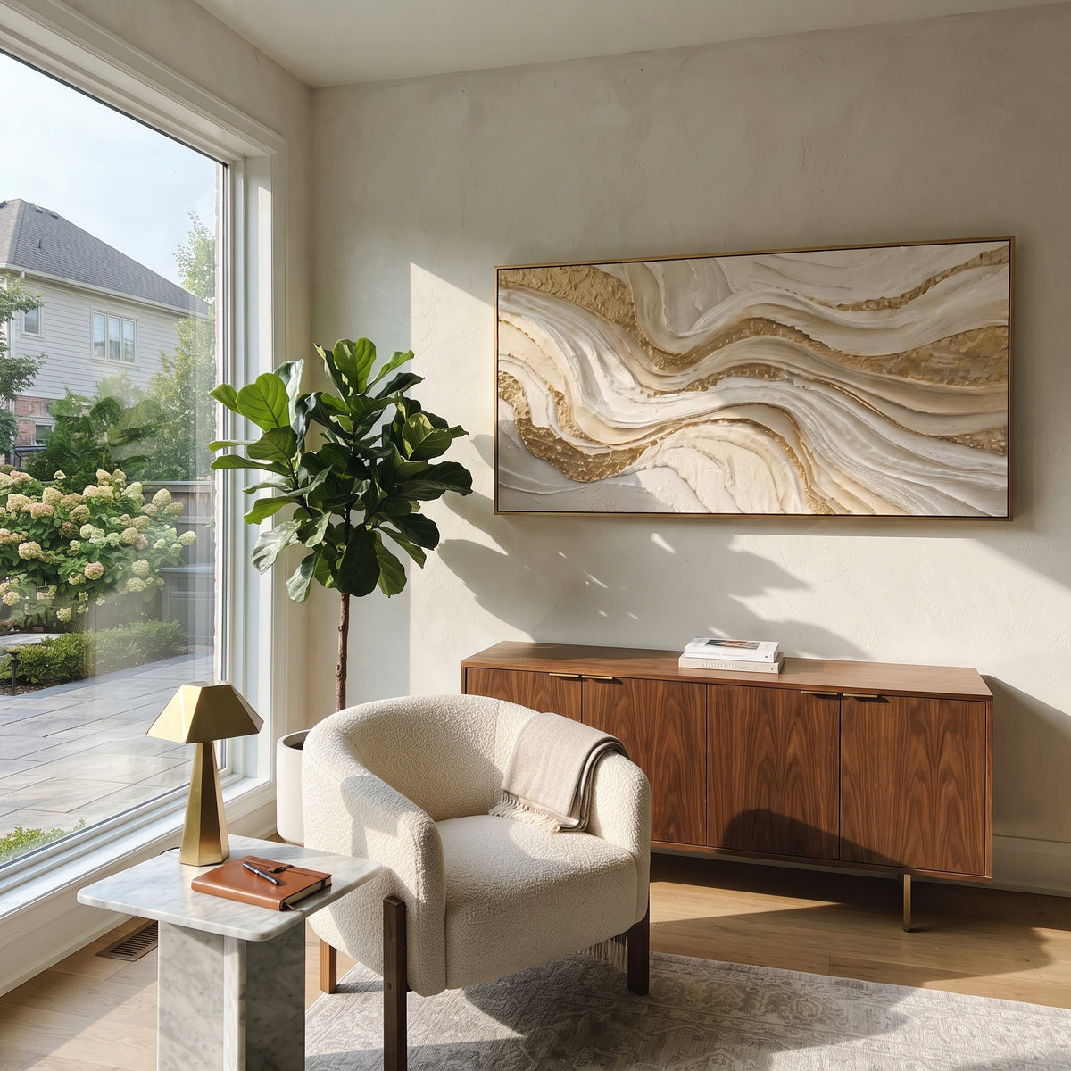 Warm Ivory Vertical Wave Relief presents warm ivory vertical waves with taupe shadows and deep carved channels. The composition is built from visible raised bands, ridges, and softened edges rather than a flat printed pattern, so light catches the high and low passages across the canvas. Warm ivory vertical waves with taupe shadows and deep carved channels guide the eye through the work, with stronger contrast held near the central movement and quieter negative space around the edges. The