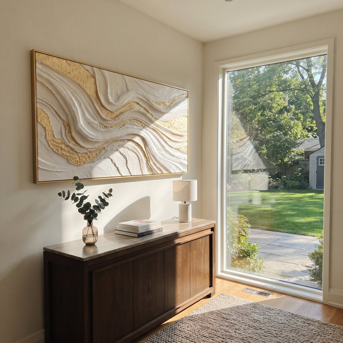 Warm Ivory Vertical Wave Relief presents warm ivory vertical waves with taupe shadows and deep carved channels. The composition is built from visible raised bands, ridges, and softened edges rather than a flat printed pattern, so light catches the high and low passages across the canvas. Warm ivory vertical waves with taupe shadows and deep carved channels guide the eye through the work, with stronger contrast held near the central movement and quieter negative space around the edges. The