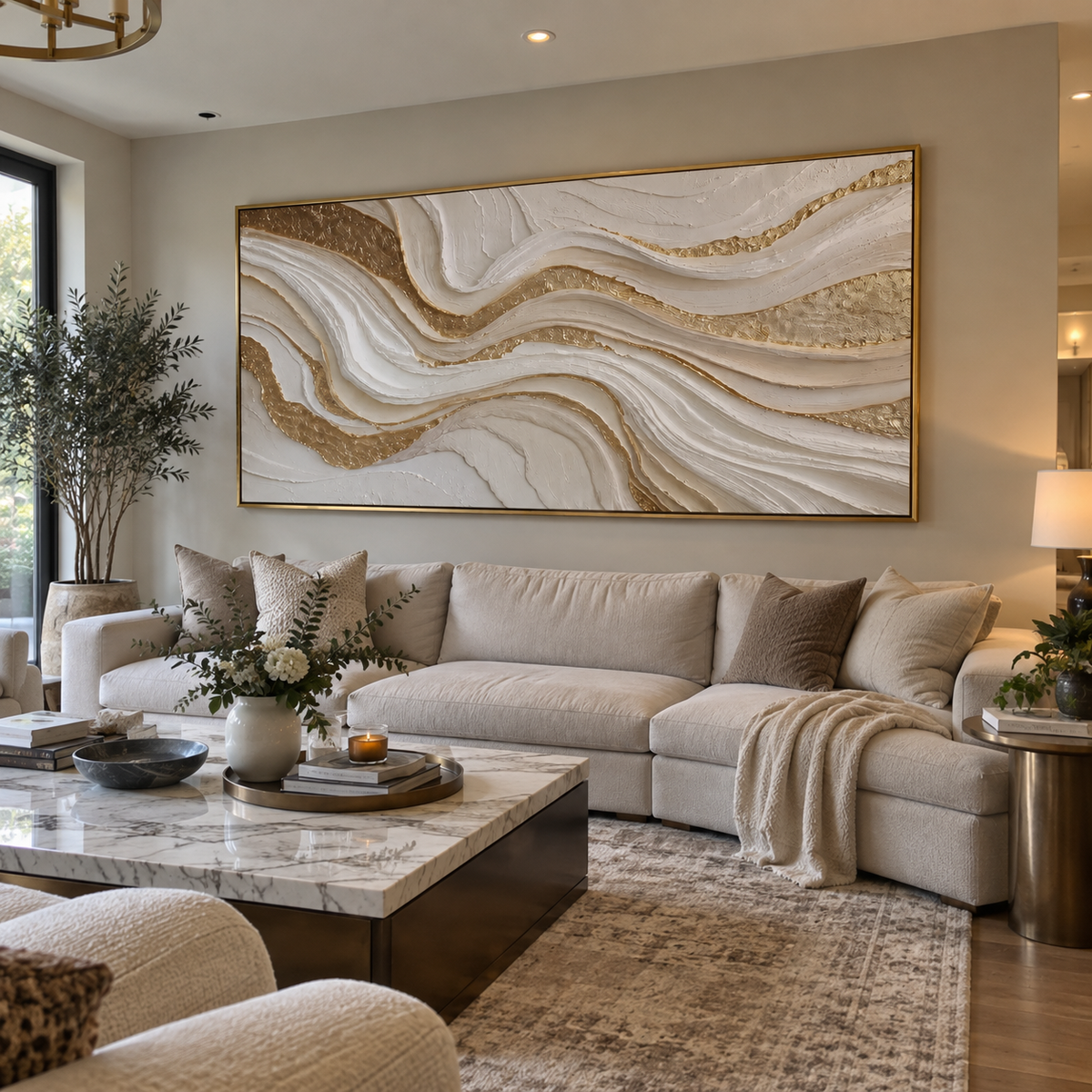 Warm Ivory Vertical Wave Relief presents warm ivory vertical waves with taupe shadows and deep carved channels. The composition is built from visible raised bands, ridges, and softened edges rather than a flat printed pattern, so light catches the high and low passages across the canvas. Warm ivory vertical waves with taupe shadows and deep carved channels guide the eye through the work, with stronger contrast held near the central movement and quieter negative space around the edges. The