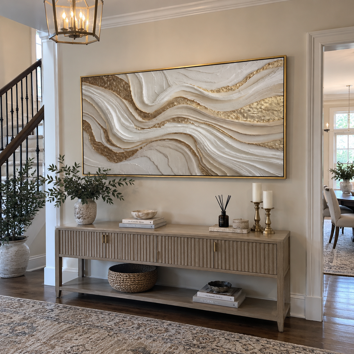 Warm Ivory Vertical Wave Relief presents warm ivory vertical waves with taupe shadows and deep carved channels. The composition is built from visible raised bands, ridges, and softened edges rather than a flat printed pattern, so light catches the high and low passages across the canvas. Warm ivory vertical waves with taupe shadows and deep carved channels guide the eye through the work, with stronger contrast held near the central movement and quieter negative space around the edges. The