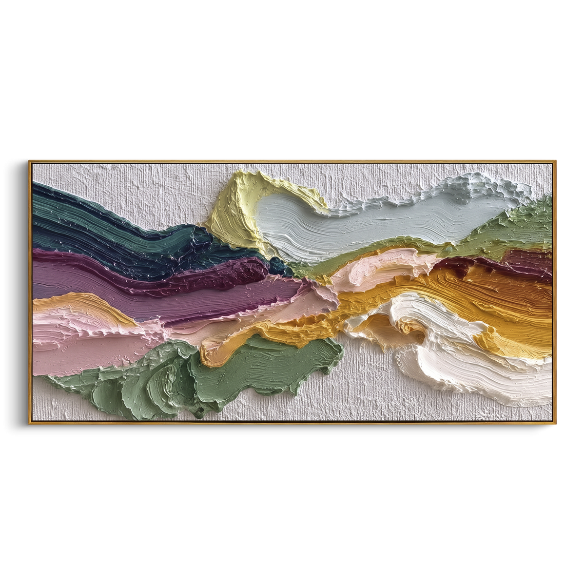 Olive Rose Mineral Fold Relief presents olive, rose, ochre and ivory folded bands with sculptural edges. The composition is built from visible raised bands, ridges, and softened edges rather than a flat printed pattern, so light catches the high and low passages across the canvas. Olive, rose, ochre and ivory folded bands with sculptural edges guide the eye through the work, with stronger contrast held near the central movement and quieter negative space around the edges. The palette balances