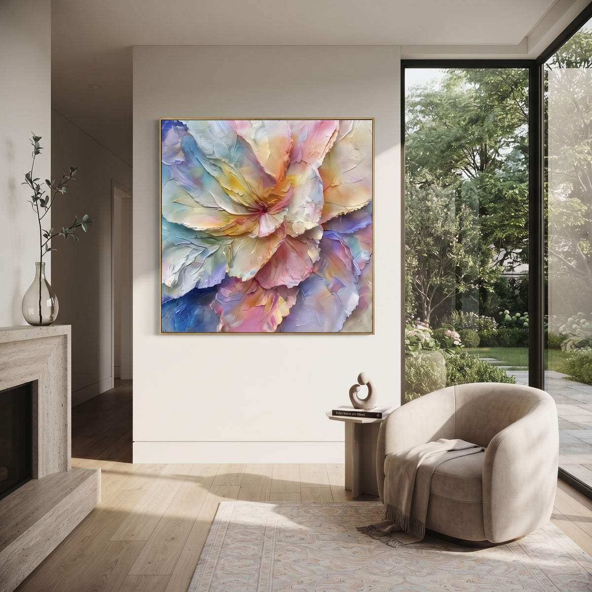 Pastel Peony Bloom focuses on a large pastel peony with layered pink, lilac, blue and cream petals. The visible subject is placed within a carefully balanced painted field, with the main silhouette, feather, fur, petals, branches, clothing, landscape or background marks kept specific to this artwork. The palette of pink, purple, blue creates the mood through clear warm and cool relationships, while lighter passages open the composition and darker passages give the focal form weight. Raised