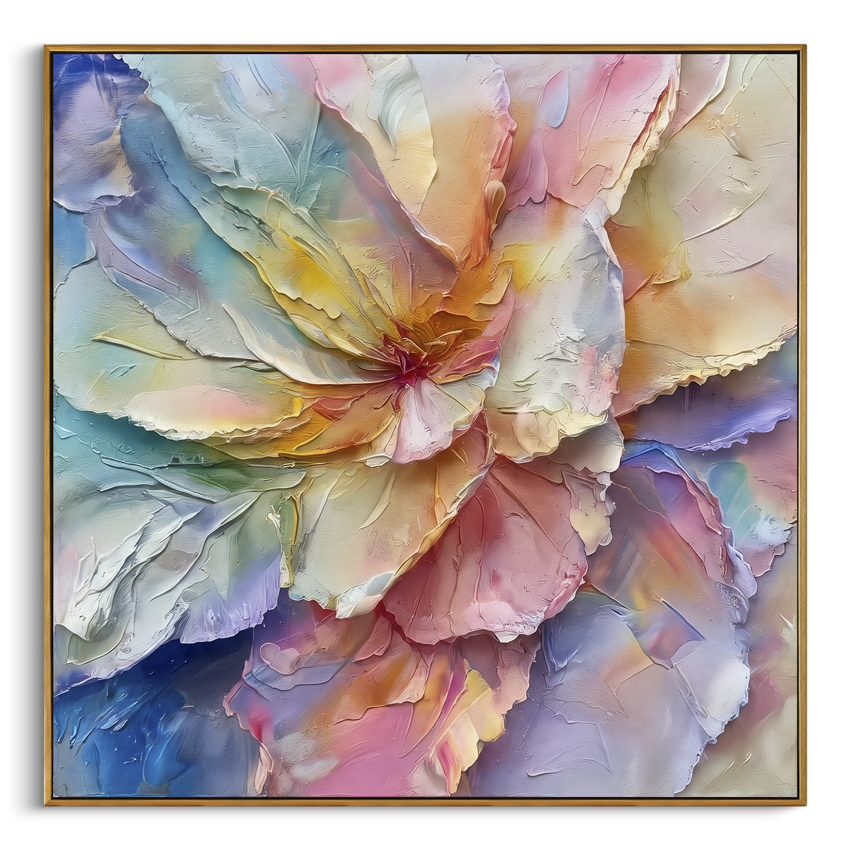 Pastel Peony Bloom focuses on a large pastel peony with layered pink, lilac, blue and cream petals. The visible subject is placed within a carefully balanced painted field, with the main silhouette, feather, fur, petals, branches, clothing, landscape or background marks kept specific to this artwork. The palette of pink, purple, blue creates the mood through clear warm and cool relationships, while lighter passages open the composition and darker passages give the focal form weight. Raised