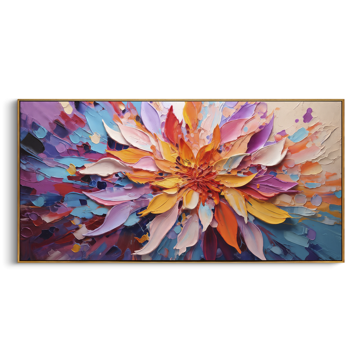 Vivid Coral Garden Bloom focuses on a vivid coral and orange flower with turquoise and violet shadowed petals. The visible subject is placed within a carefully balanced painted field, with the main silhouette, feather, fur, petals, branches, clothing, landscape or background marks kept specific to this artwork. The palette of orange, pink, purple creates the mood through clear warm and cool relationships, while lighter passages open the composition and darker passages give the focal form weight.